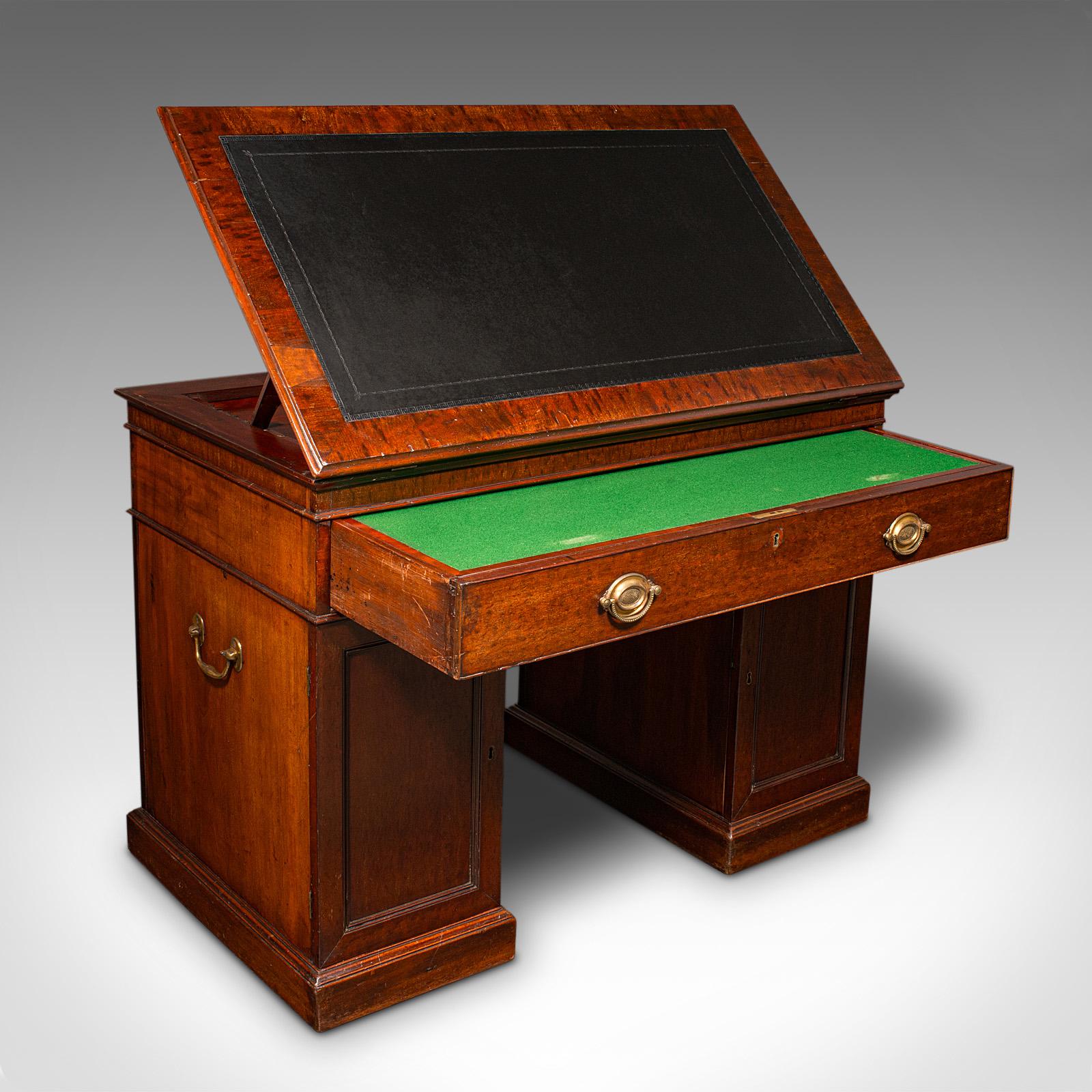 This is an antique architect's desk. An English, mahogany and leather adjustable draughtsman's pedestal desk, dating to the Georgian period, circa 1800.

Fascinating architect's desk, with campaign aesthetic and superb riser top
Displays a desirable