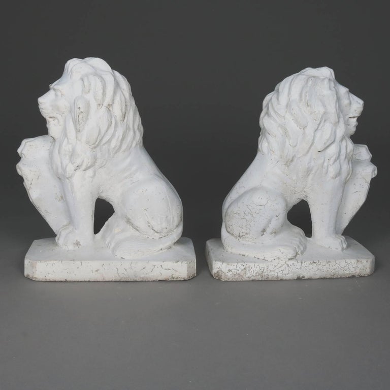 Antique Architectural Concrete Regal Guardian Lions and Shields Garden Sculptures at 1stDibs