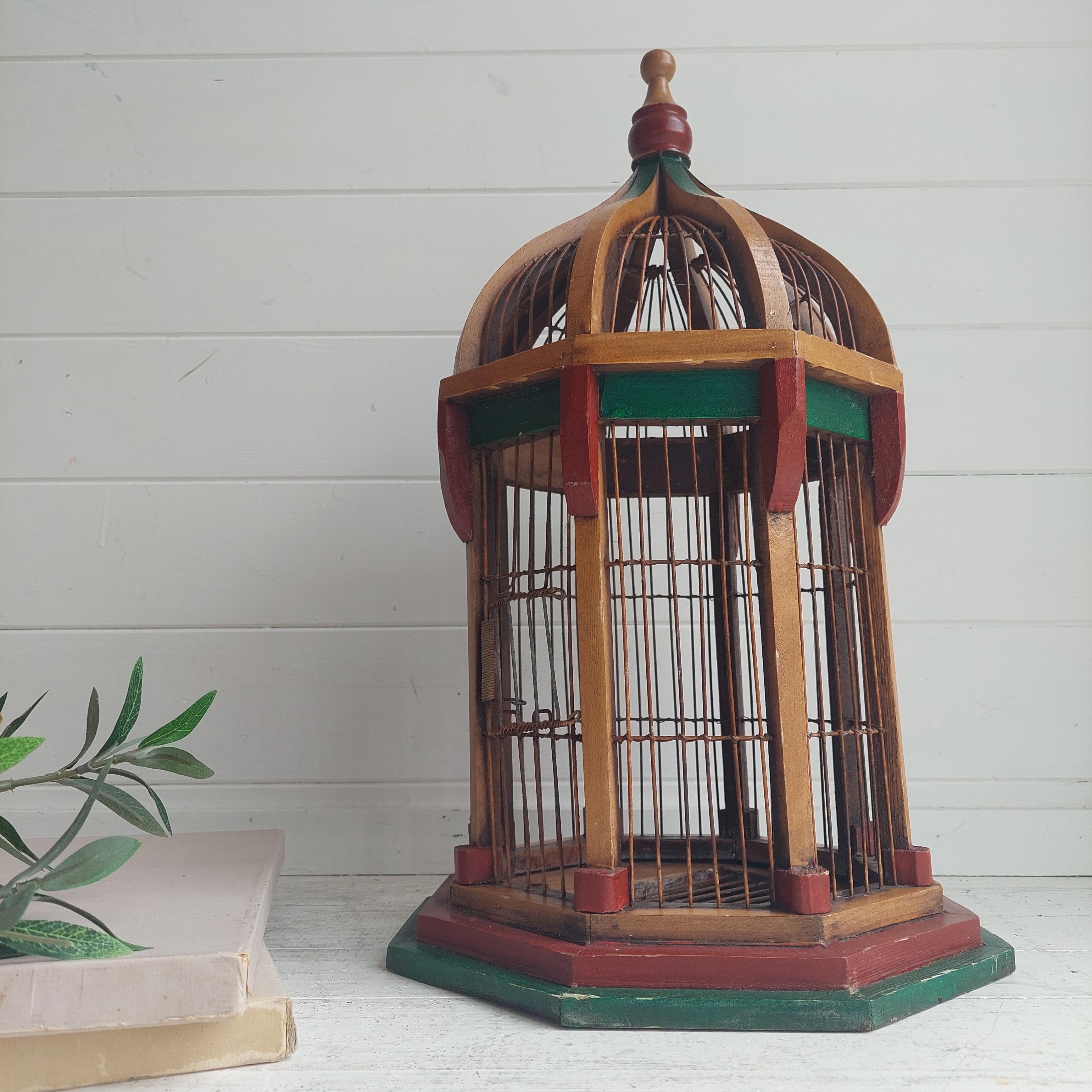 Vintage Victorian Wood Metal Wire Dome Bird Cage Home Decor
Medium sized Antique Style Bird House Cage Wood & Wire Vintage Old Polygon French. - Wood with Metal wire. 

A very elegant Victorian architectural cupola shaped bird cage with original