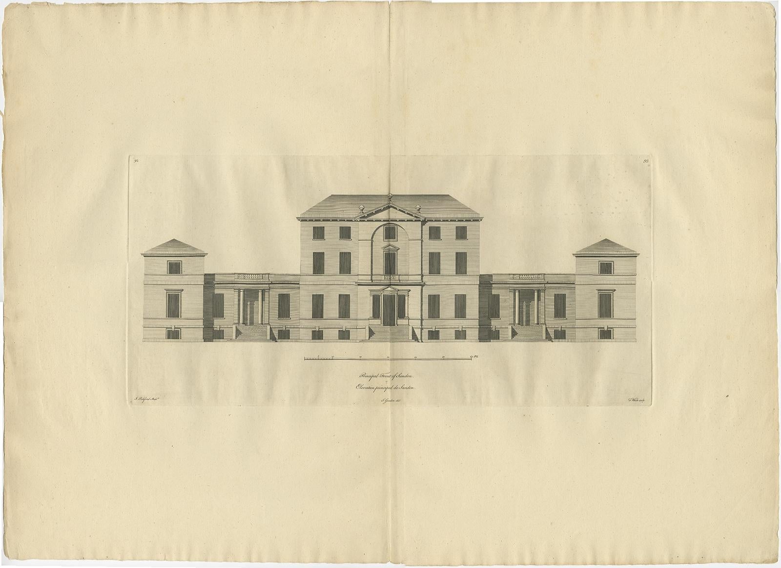 Antique print titled 'Principal Front of Sandon'. 

Architectural elevation of Sandon Hall, Staffordshire. This print originates from 'Vitruvius Britannicus' by Colen Campbell. 

Artists and Engravers: Colen Campbell's Vitruvius Britannicus is