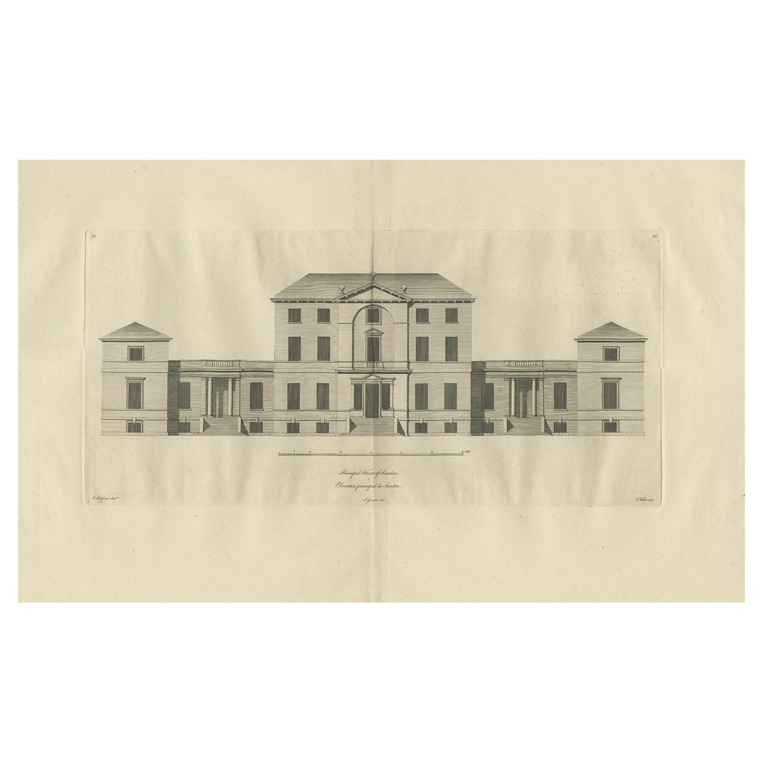 Antico prospetto architettonico di Sandon Hall, Staffordshire, Inghilterra, 1770 ca.