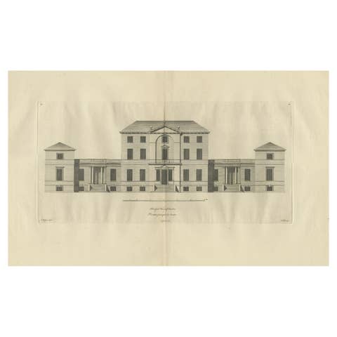 Antique Architectural Elevation of Sandon Hall, Staffordshire in England, c.1770