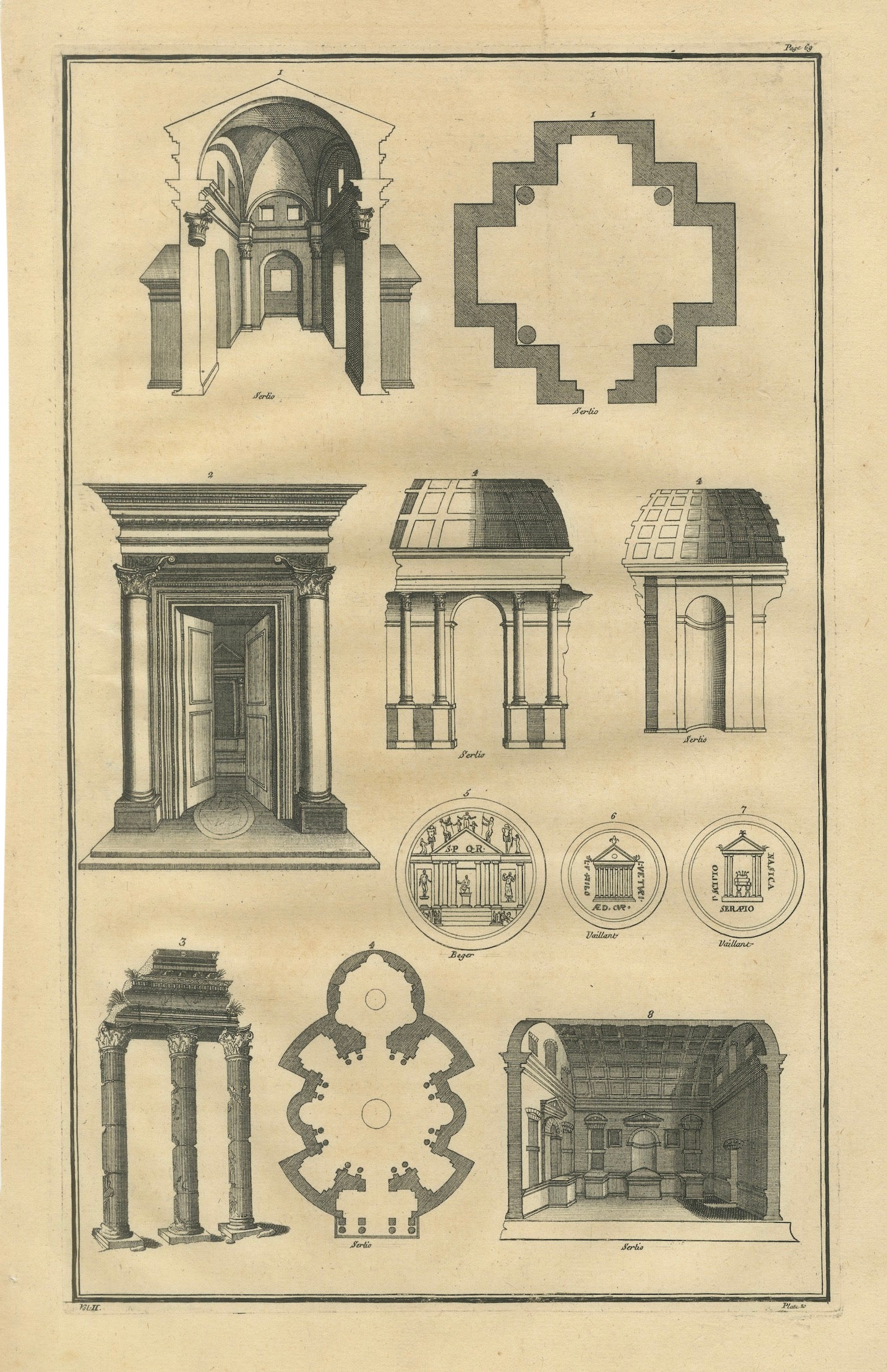 Antique Architectural Engraving by Serlio from Montfaucon, Paris 1721
