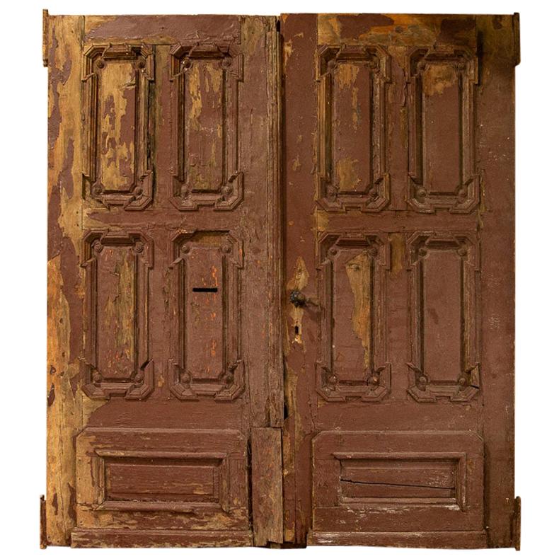 Antique Architectural Large Original Red Painted Heavily Paneled Doors For Sale