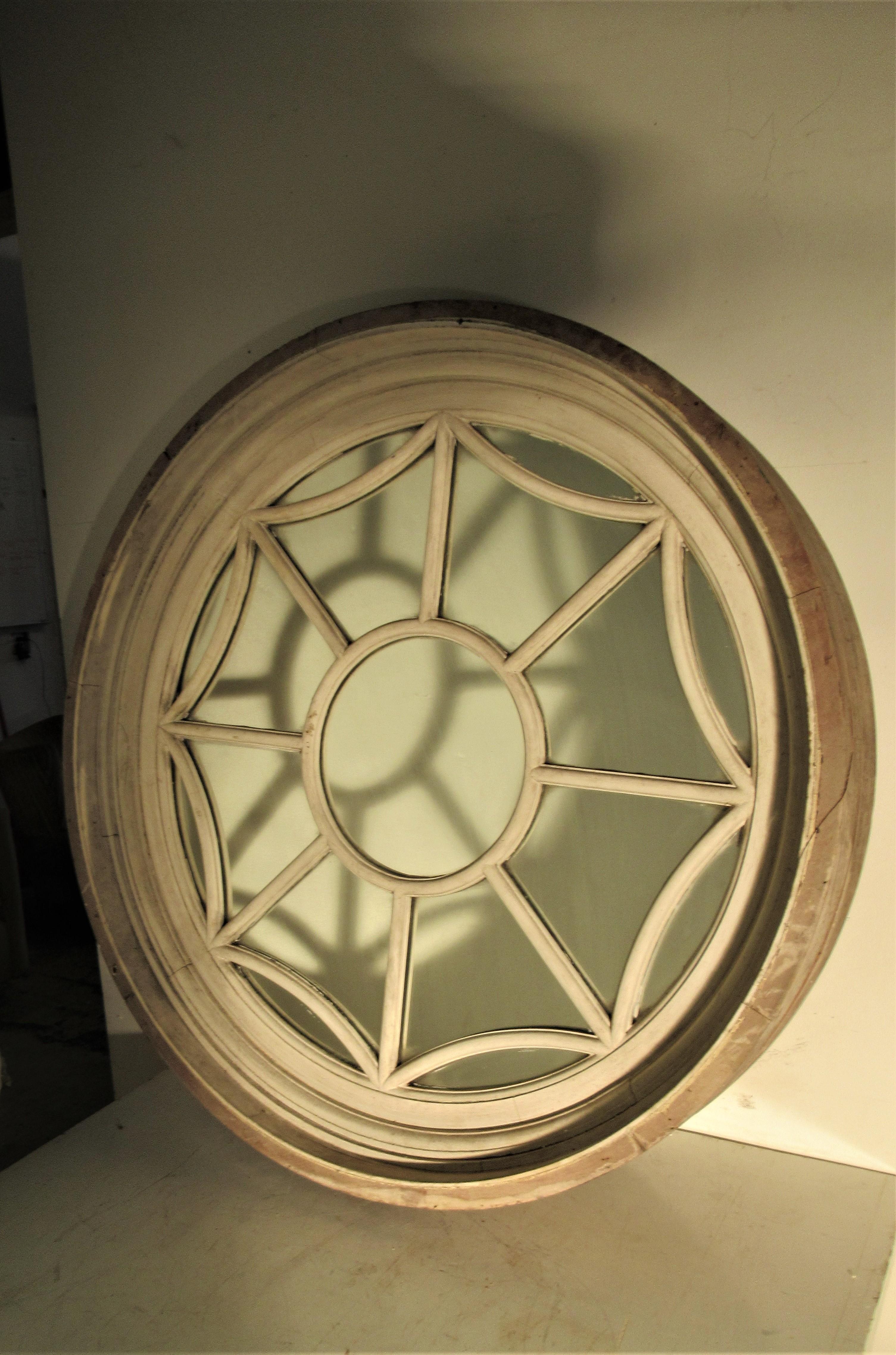 Antique large and deep architectural spider web window with mirror in beautifully aged old cream white painted surface. The old mirror glass is nicely oxidized. American, 19th century. See all pictures and read condition report in comment section.