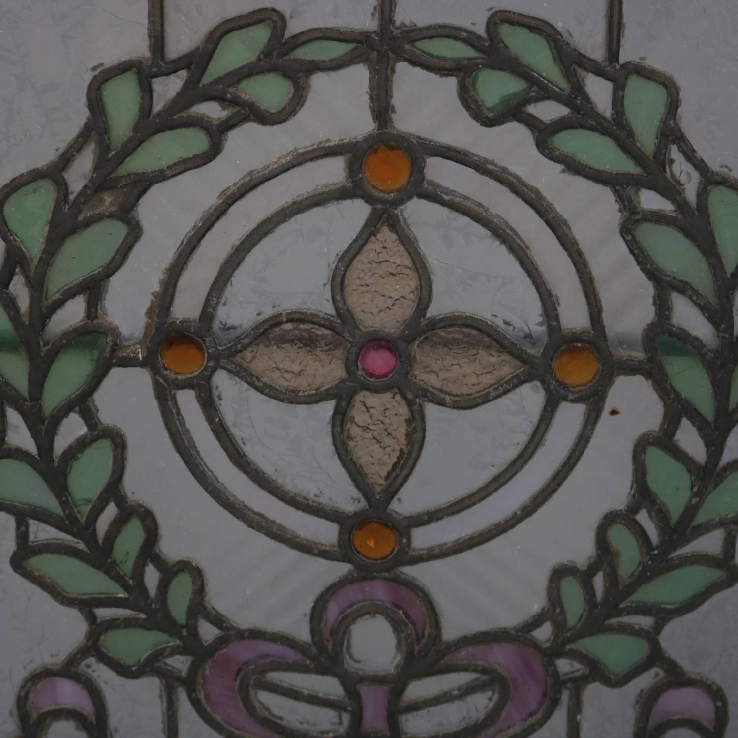 American Architectural Leaded Stained & Jewelled Glass Window, Laurel Wreath, circa 1880