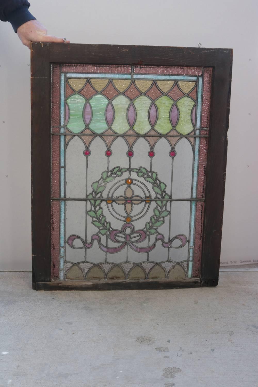 Architectural Leaded Stained & Jewelled Glass Window, Laurel Wreath, circa 1880 In Good Condition In Big Flats, NY