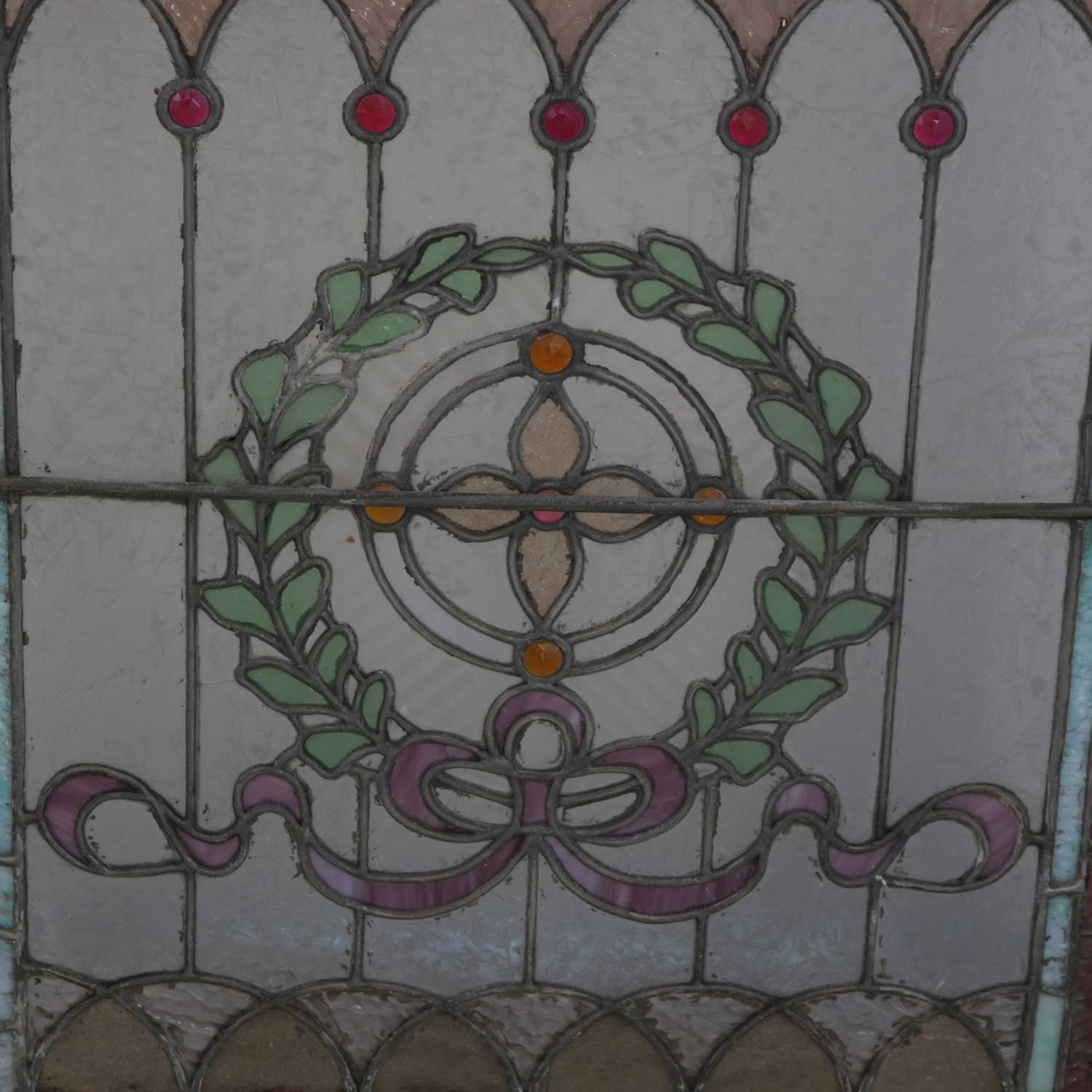 Stained Glass Architectural Leaded Stained & Jewelled Glass Window, Laurel Wreath, circa 1880