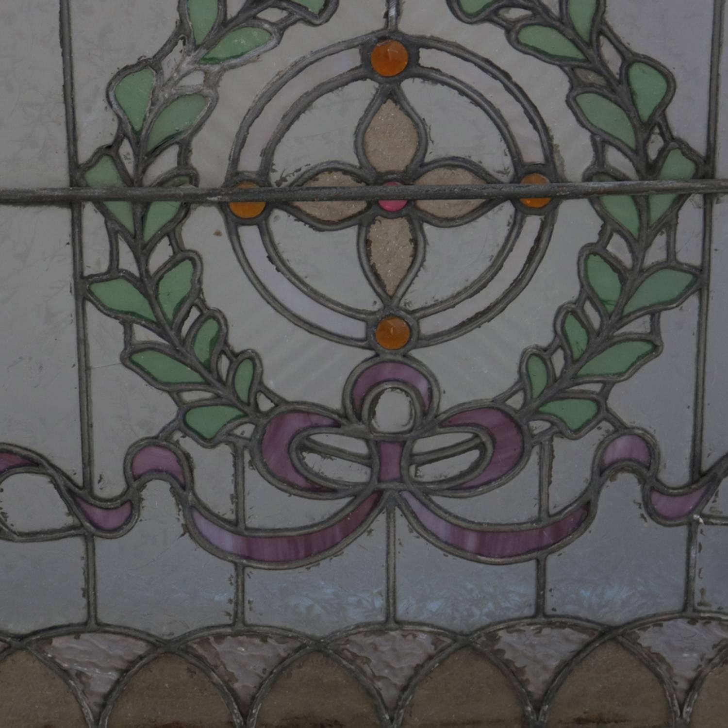 Architectural Leaded Stained & Jewelled Glass Window, Laurel Wreath, circa 1880 1