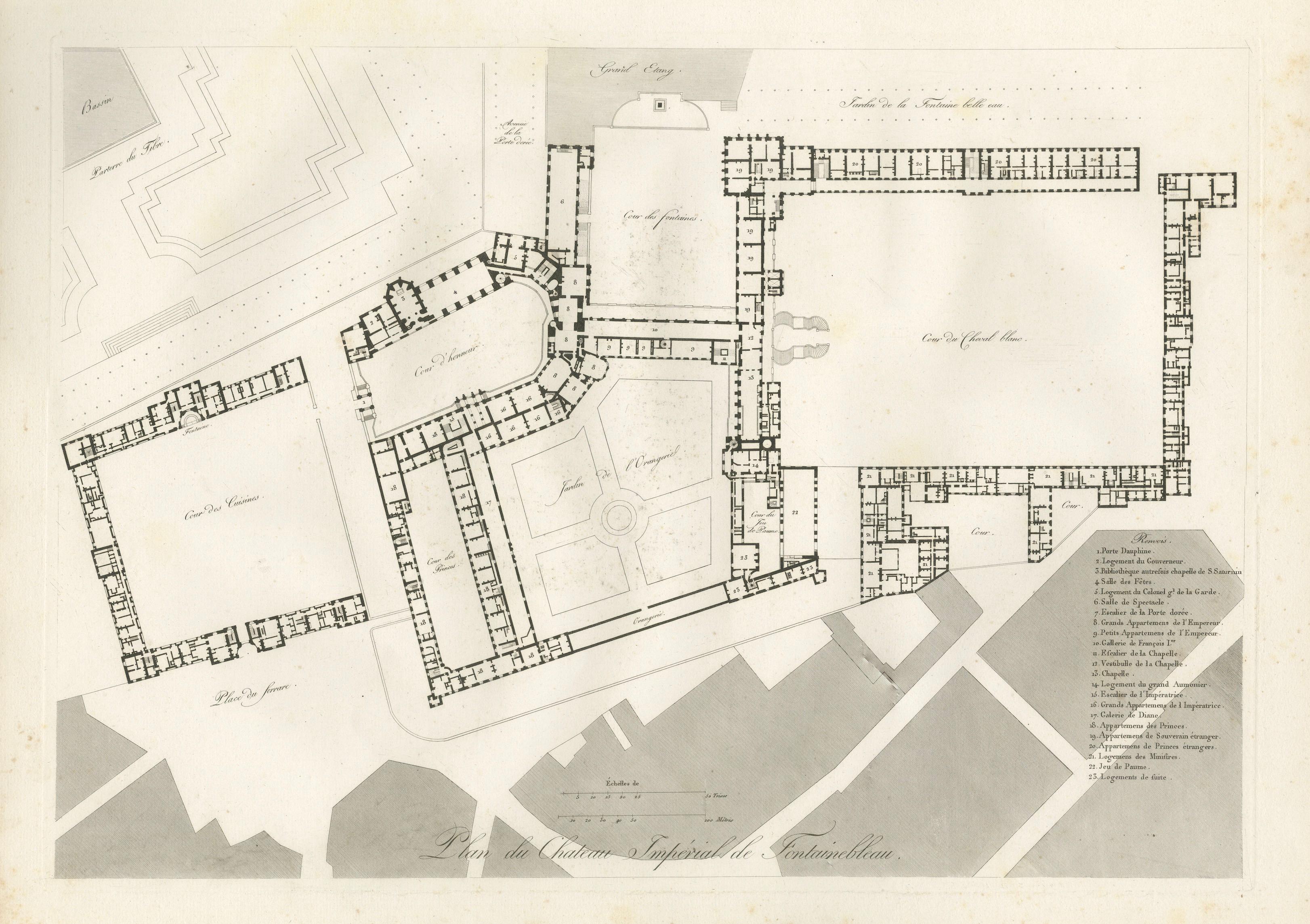 Antique Architectural Plan of Château de Fontainebleau, Napoleon Residence, 1803