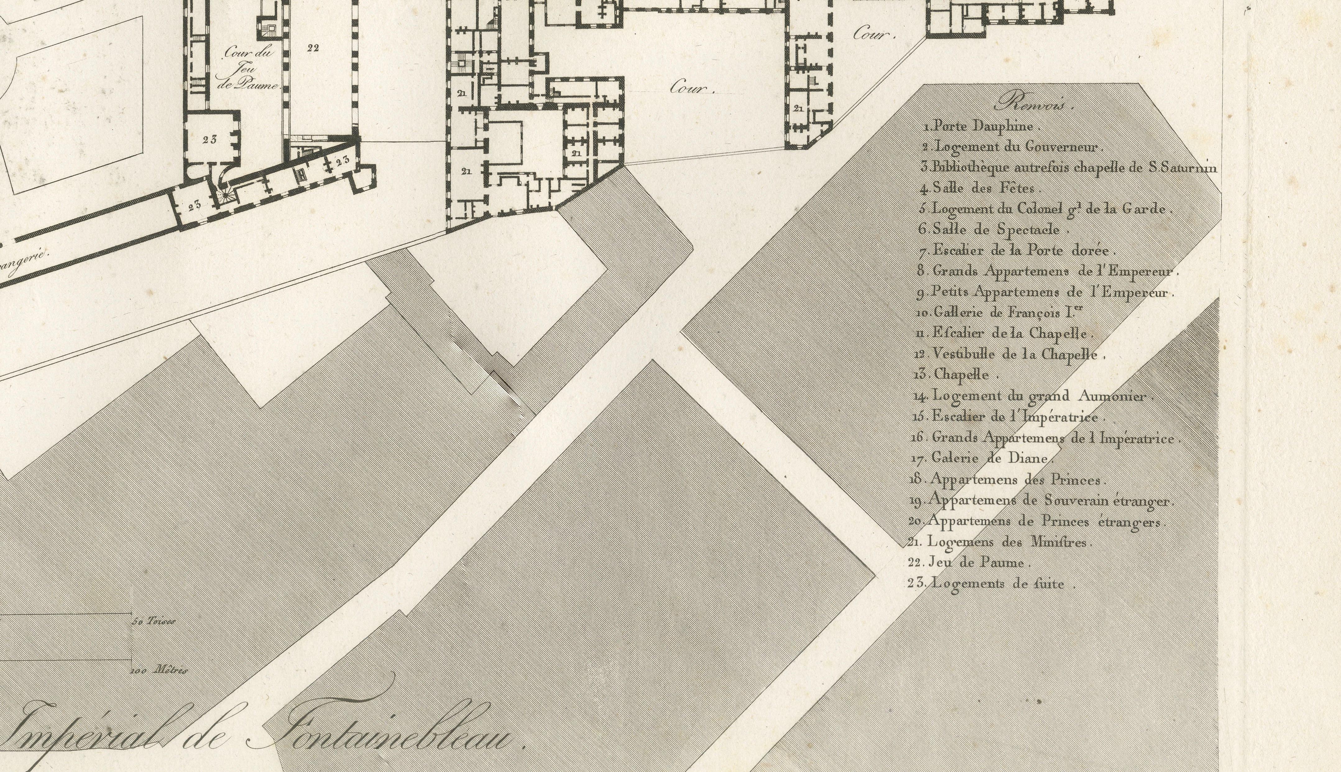 Antique Architectural Plan of Château de Fontainebleau, Napoleon Residence, 1803