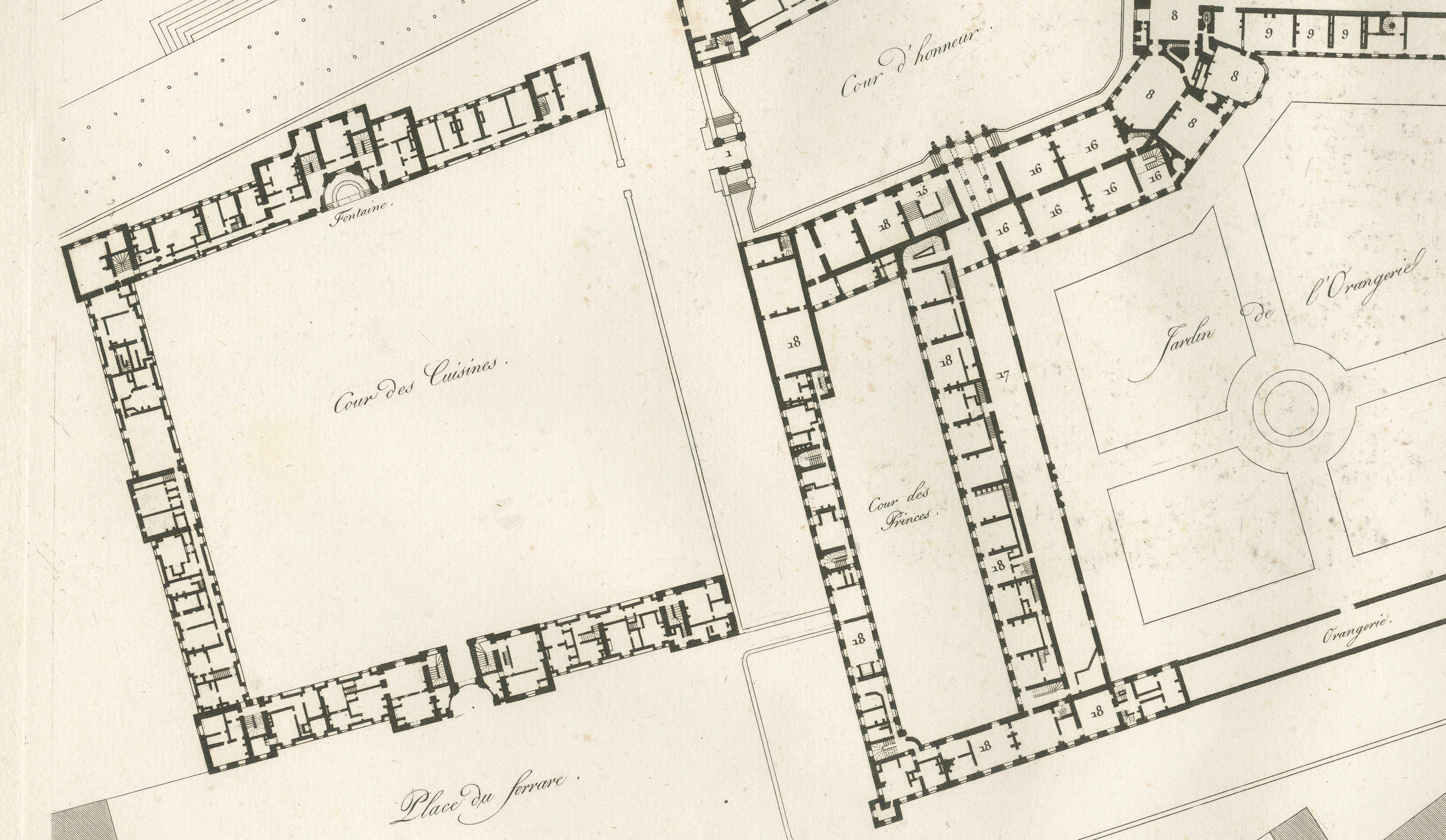 Antique Architectural Plan of Château de Fontainebleau, Napoleon Residence, 1803