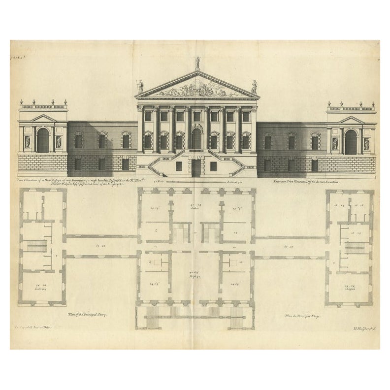 Antiker antiker architektonischer Druck eines neuen Entwurfs für Robert Walpole, England, 1725