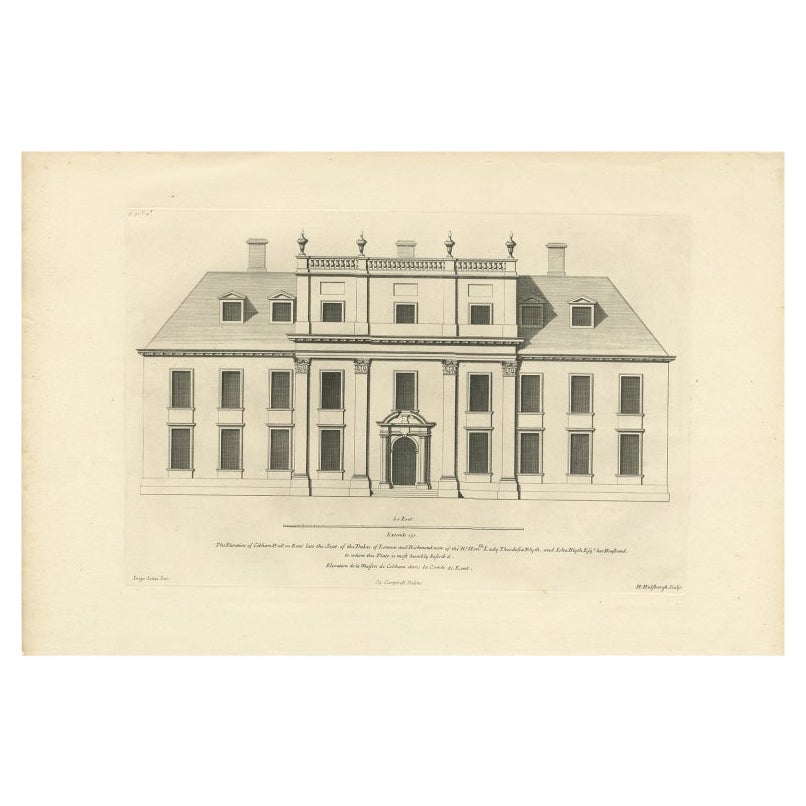 Impression architecturale ancienne de Cobham Hall dans le Kent, Angleterre, 1717