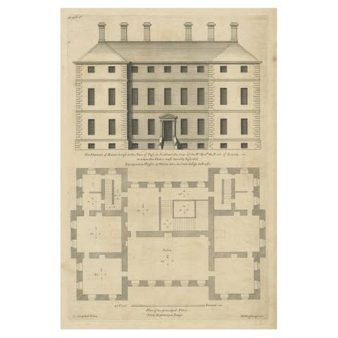 Antique Architectural Print of the Melville House in Fife, Scotland, 1725