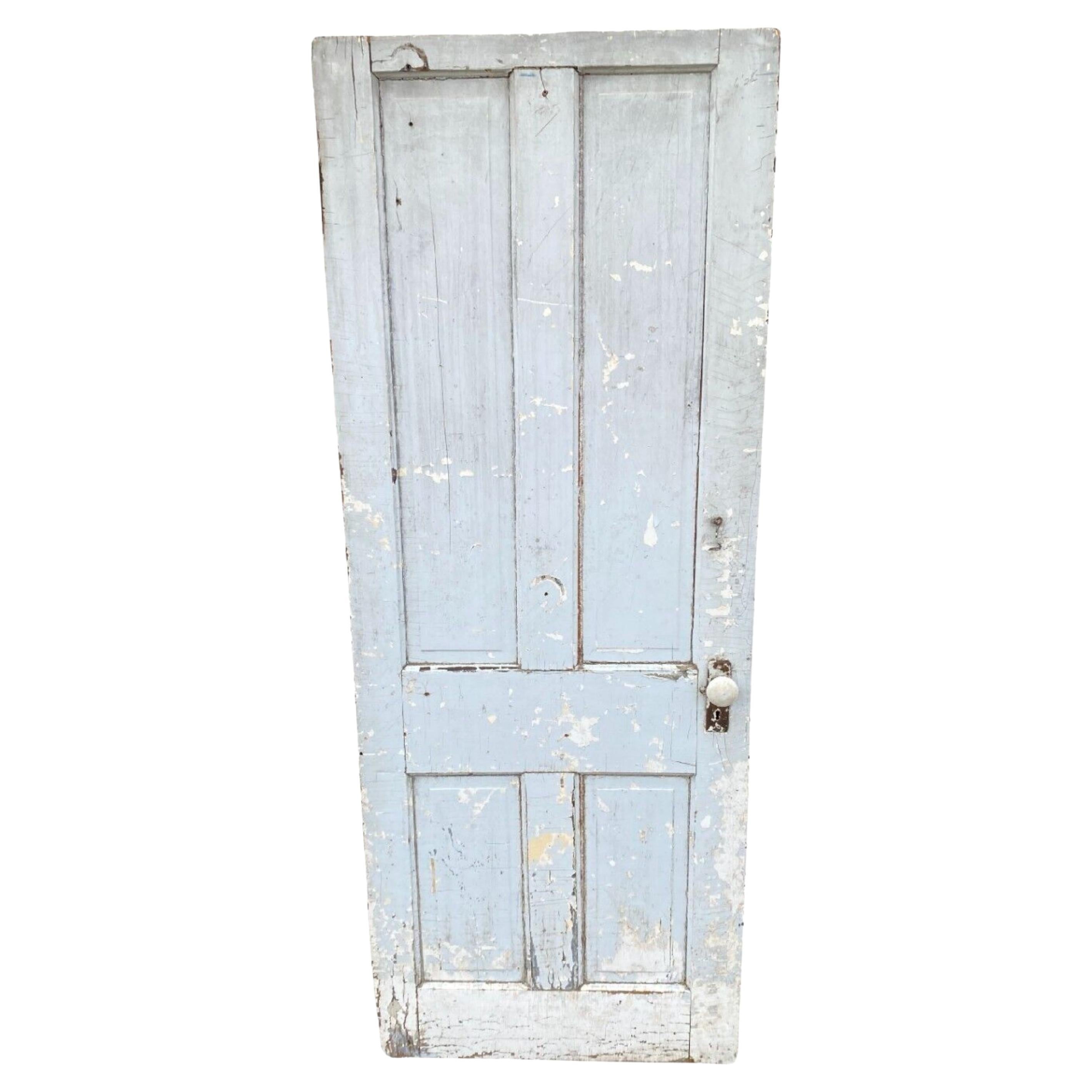 Antique Architectural Salvage Gray White Distress Painted Wooden Interior Door For Sale