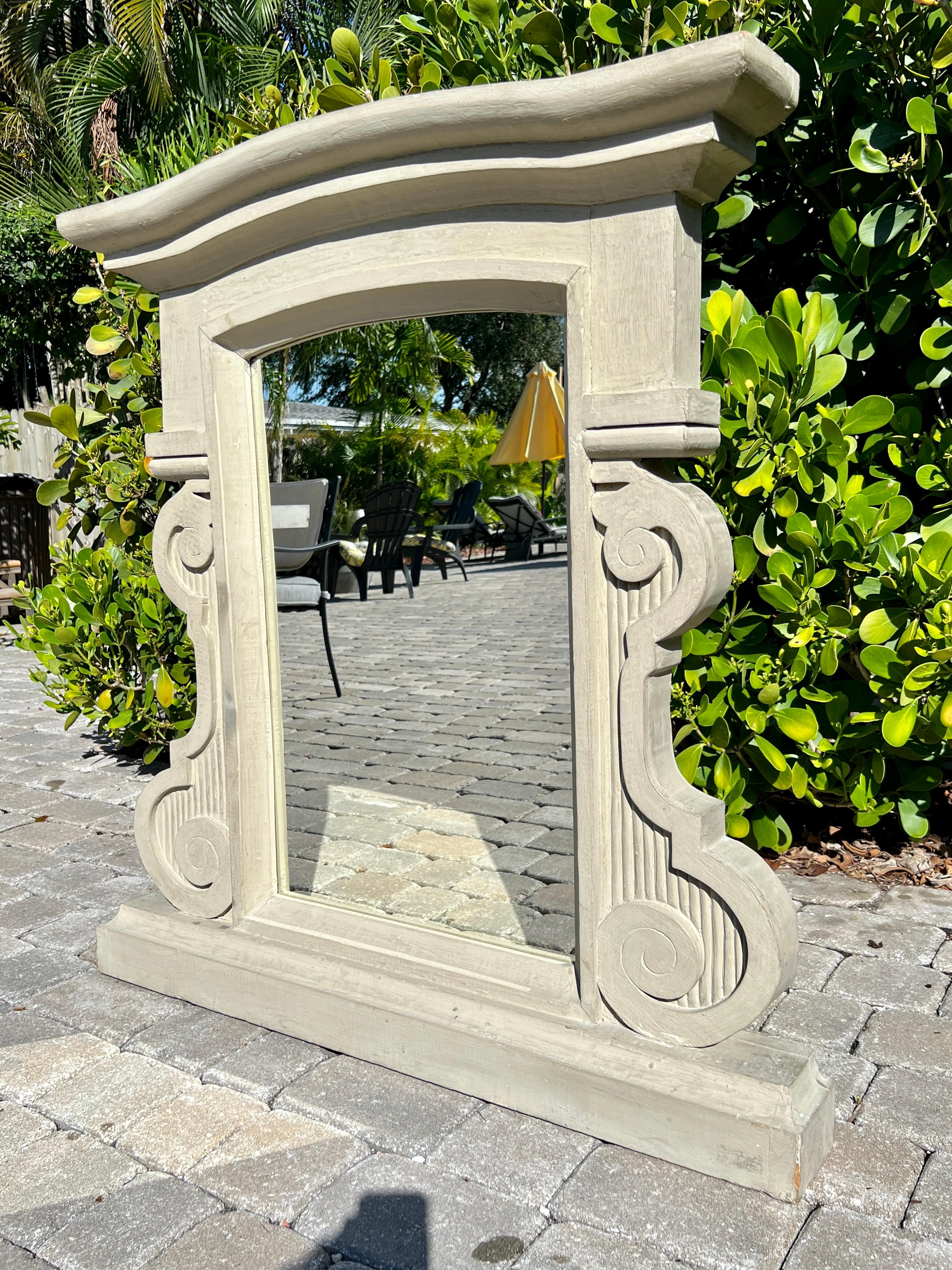 Hand-Carved Architectural Salvage Mirror with Grey Whitewash Paint, France, 1930's For Sale