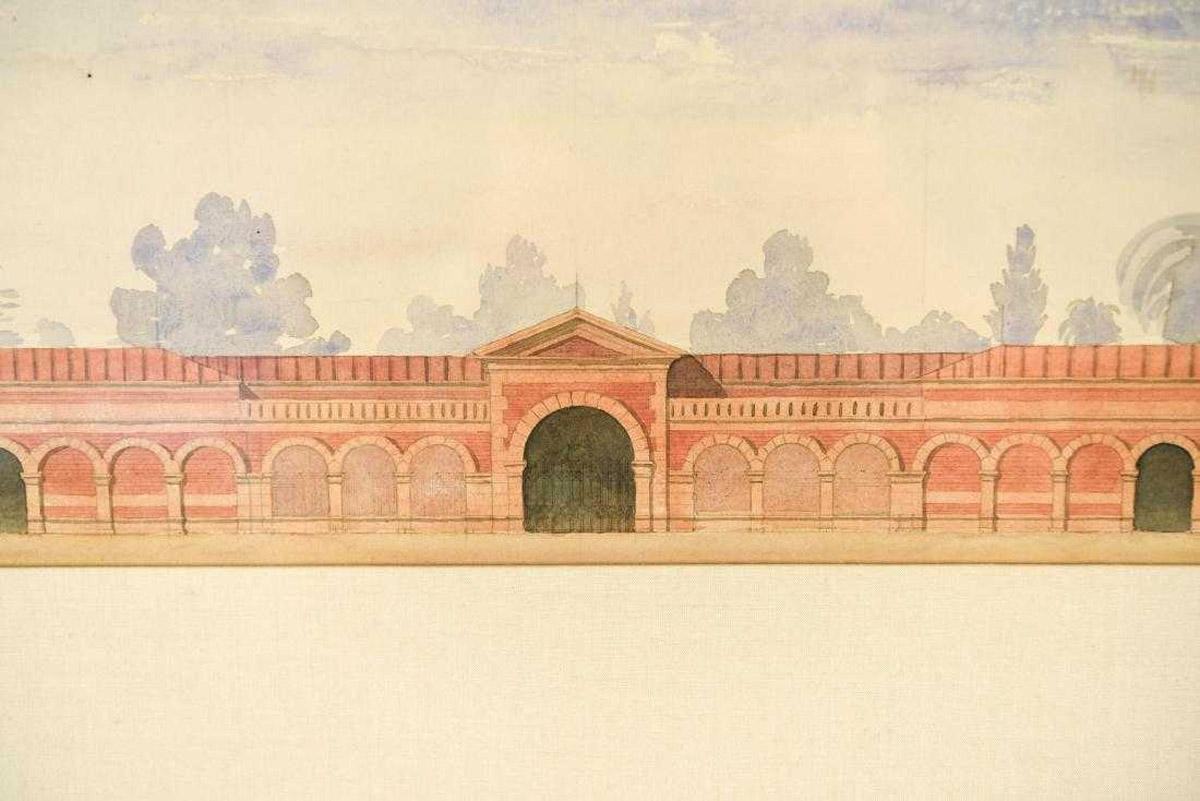 The antique neoclassical watercolor drawings are renderings within the same frame of two elongated buildings. The top view shows a center arched opening and two smaller side openings with arched blind bays in between. The lower view reveals a second