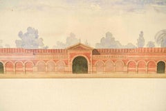 Antique Architectural Watercolor of Two Neoclassical Buildings