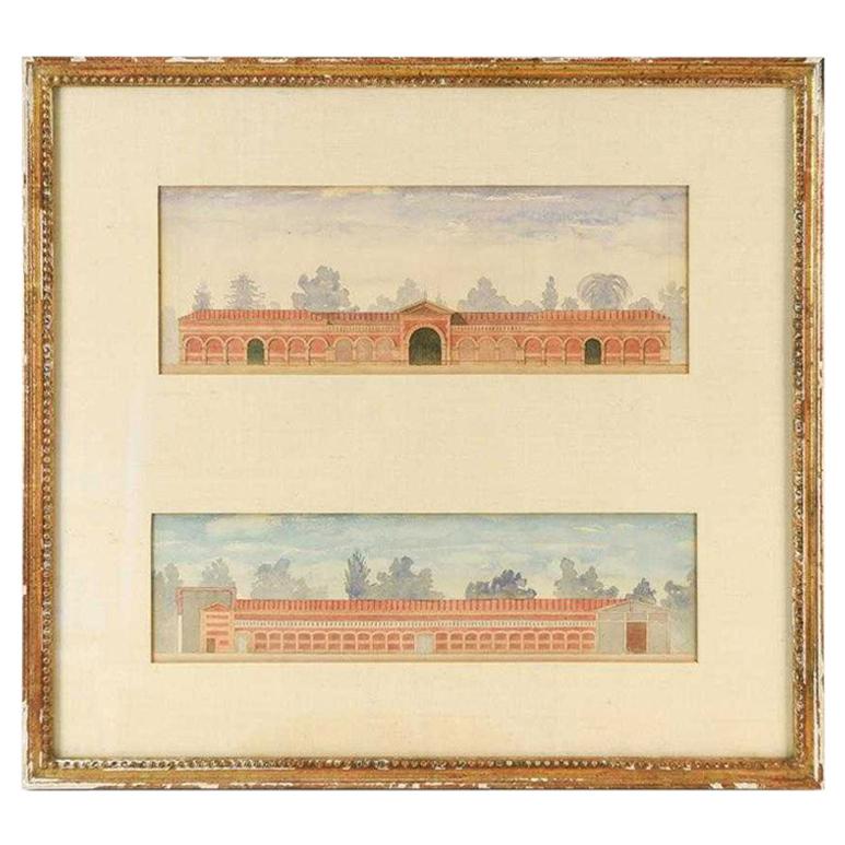 Antique Architectural Watercolor of Two Neoclassical Buildings For Sale