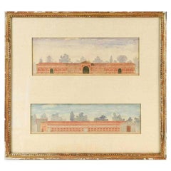 Antique Architectural Watercolor of Two Neoclassical Buildings