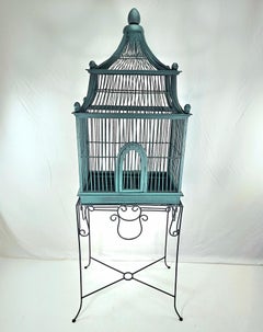 Antique Architectural Wood Birdcage With Pedestal