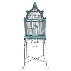 Antique Architectural Wood Birdcage With Pedestal