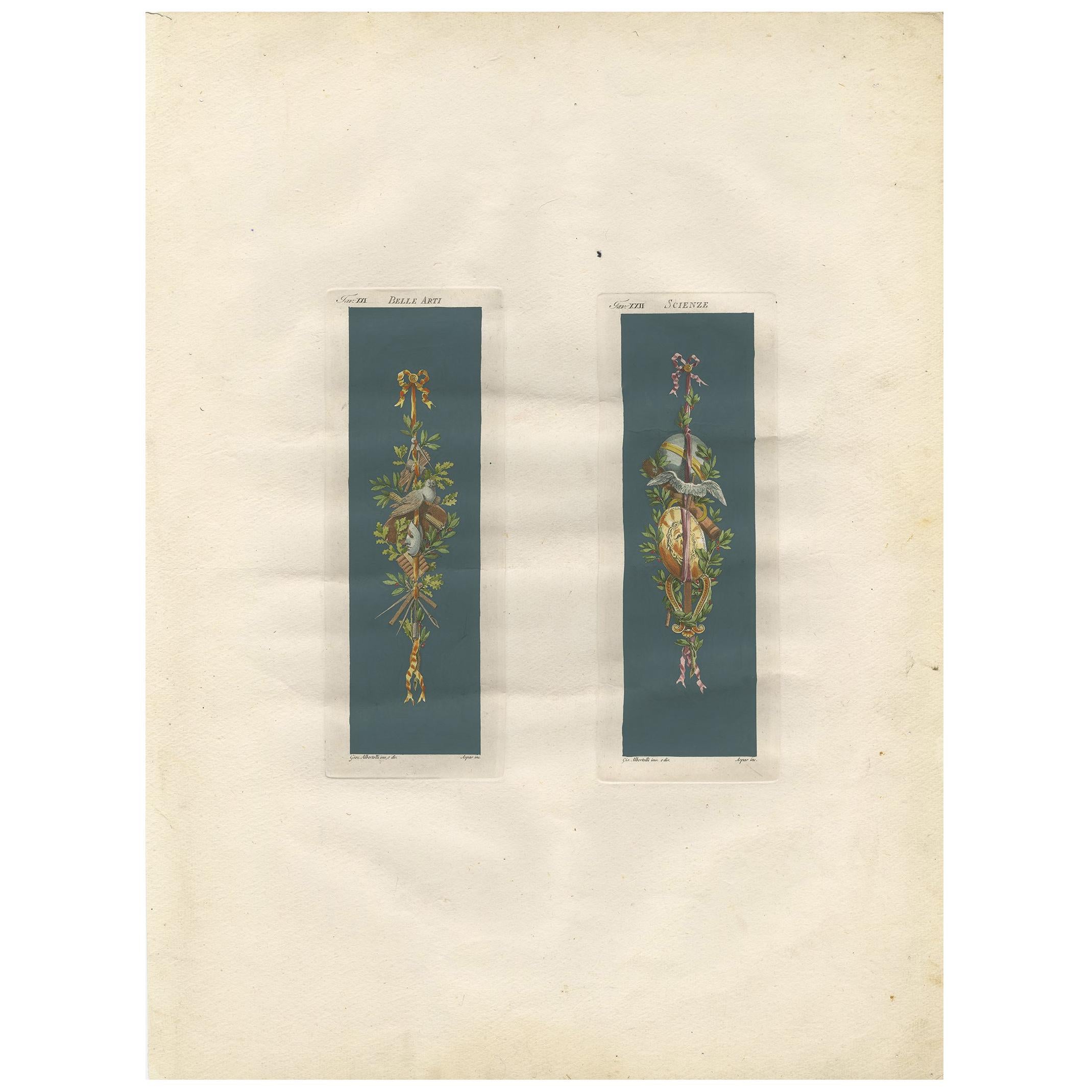 Antique Architecture Print of Ornaments ‘Belle Arti & Scienze’ by Albertolli For Sale