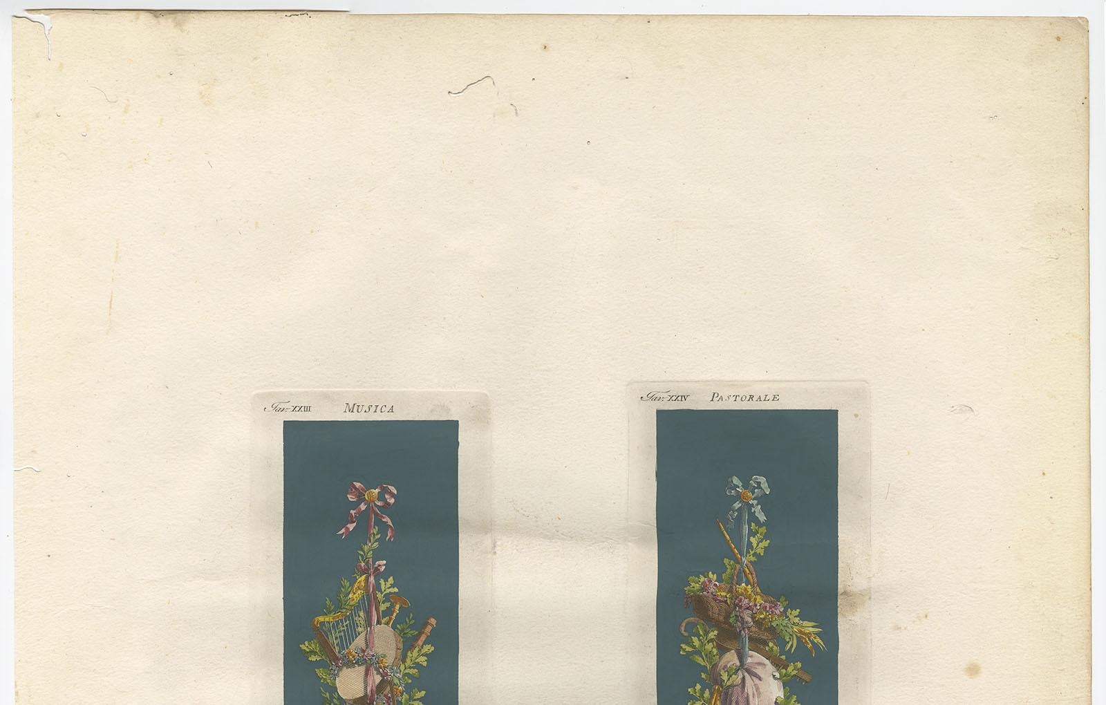 Grabado arquitectónico antiguo de ornamentos 'Musica & Pastorale' de Albertolli en Bueno estado para la venta en Langweer, NL