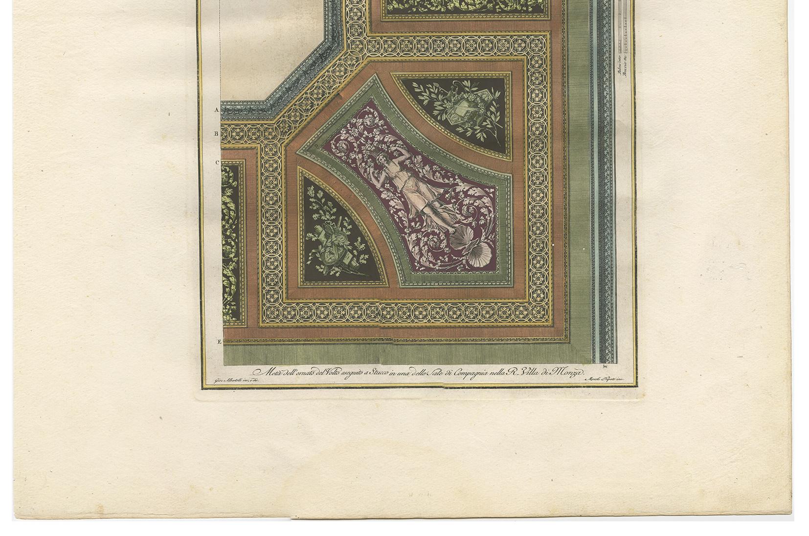 Antique architecture print of ornaments titled 'Meta dell'ornato del volto esequito a Stucco in una delle Sale di Compagnia (..)'. This print orginates from 'Ornamenti Diversi'. by Giocondo Albertolli. This work includes includes several of his