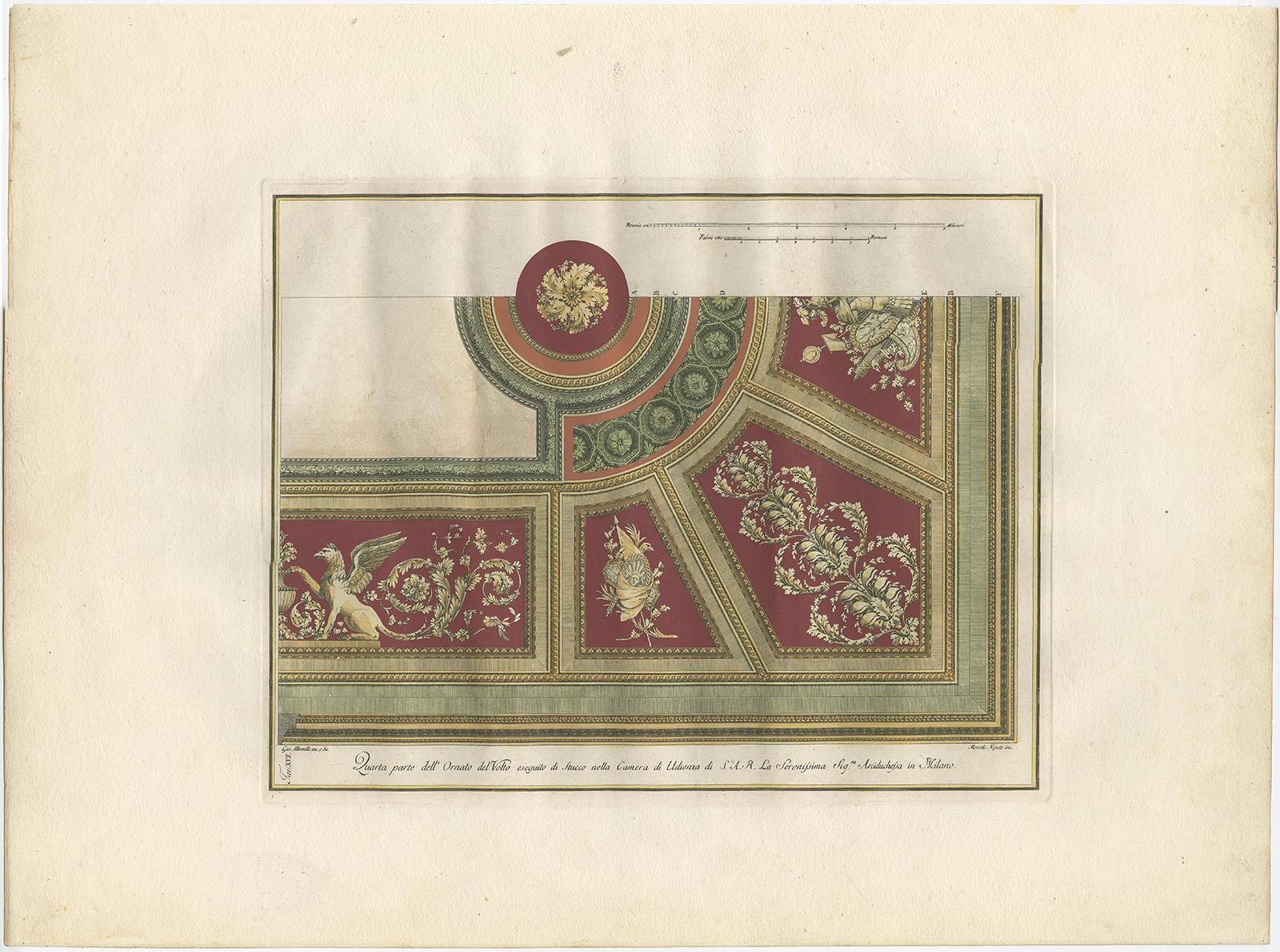 Antique architecture print of ornaments titled 'Quarta parte dell'Ornato del Volto eseguito di Stucco nella Camera di Udienza (..)'. This print orginates from 'Ornamenti Diversi'. by Giocondo Albertolli. This work includes includes several of his