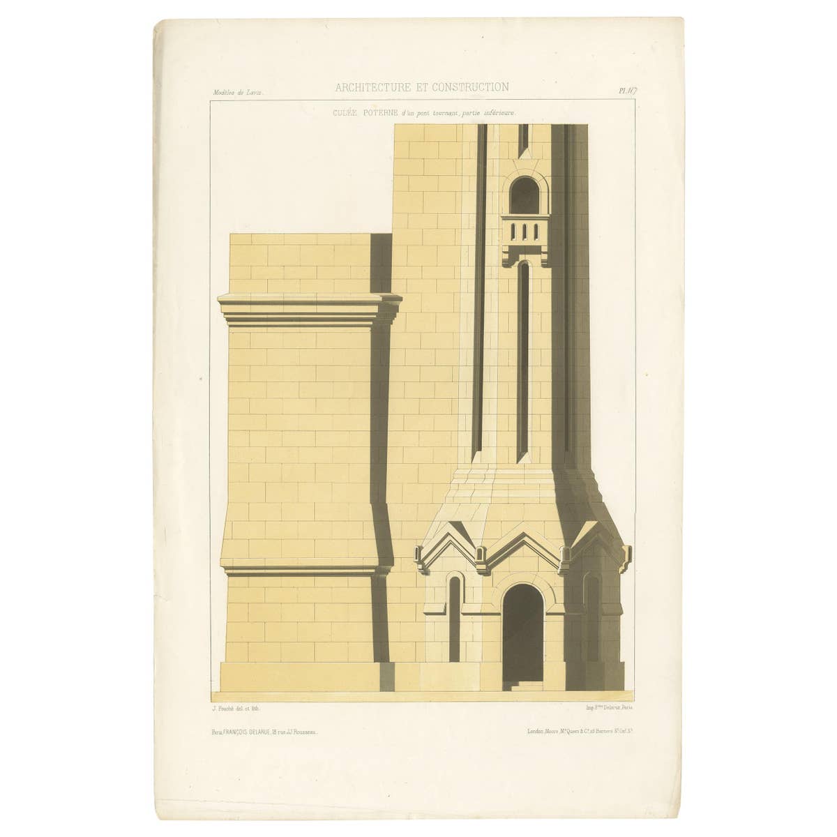 Antique Architecture Print of the Construction of a Bridge by Delarue, ca.1880