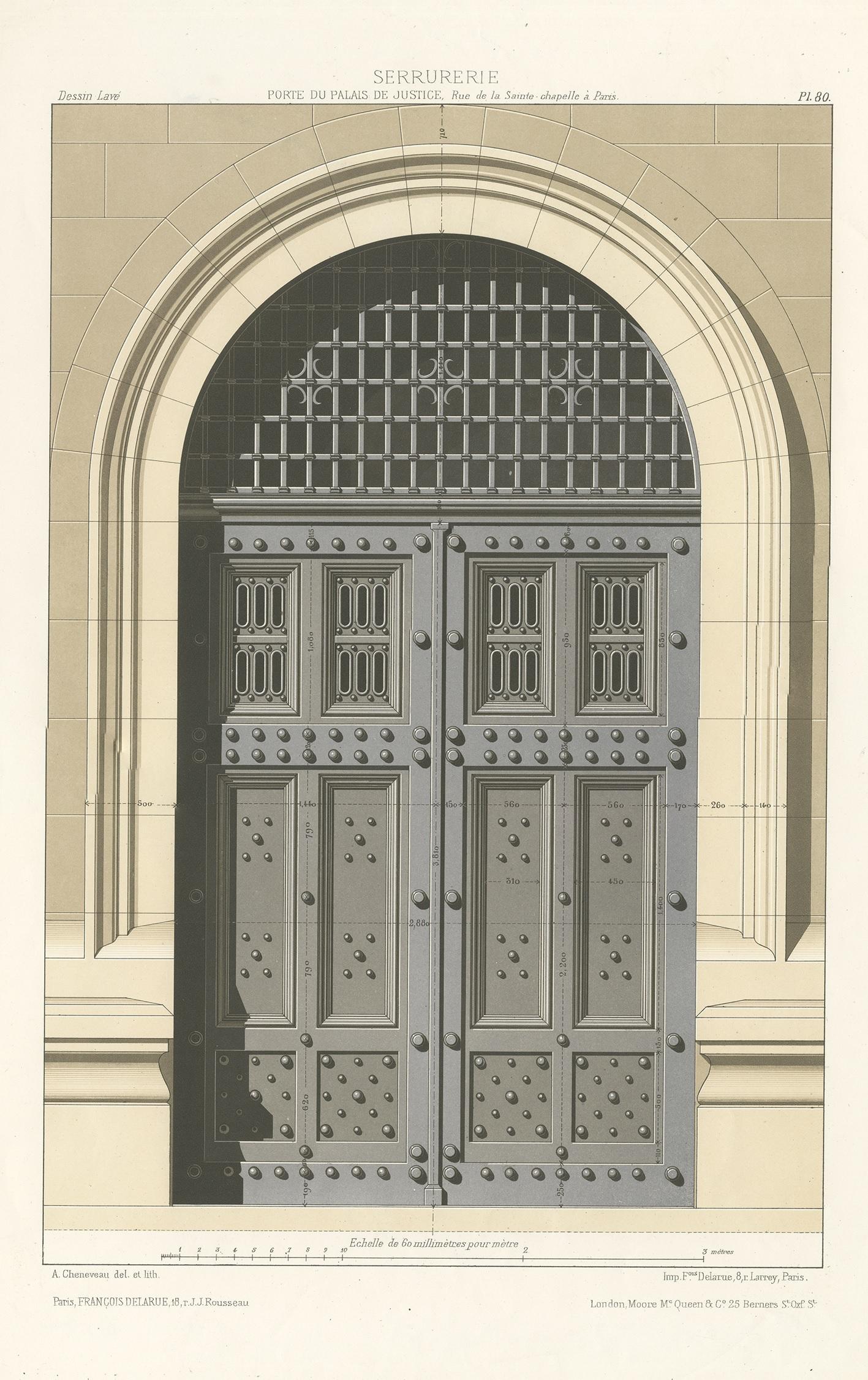Antique print titled 'Serrurerie Porte du Palais de Justice, Rue de la Sainte à Paris'. Lithograph of one of the doors of the Palace of Justice in Paris. Published by Francois Delarue.