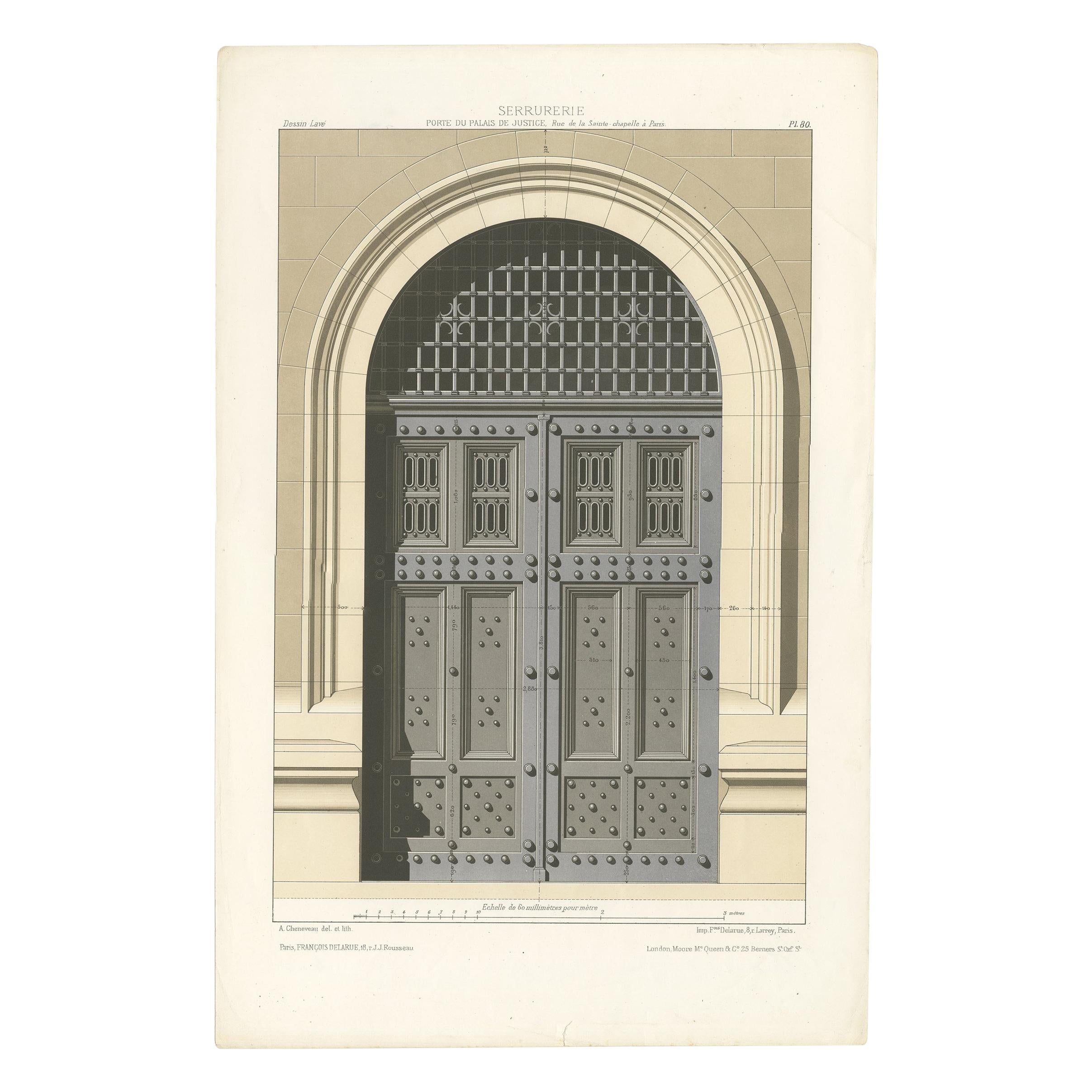 Architecture Print of the Palace of Justice in Paris by Delarue, circa 1880 For Sale