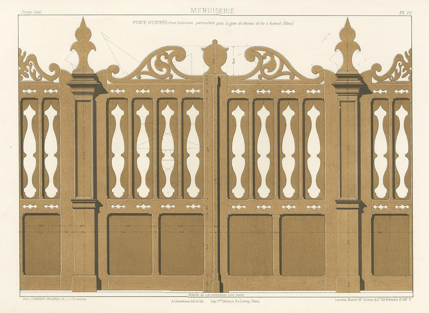Gravure ancienne intitulée 'Menuiserie'. Lithographie de la menuiserie d'une porte d'entrée. Publié par Francois Delarue.