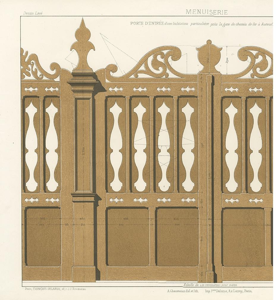 Gravure d'architecture du travail du bois d'une porte d'entrée par Delarue, vers 1880 Bon état - En vente à Langweer, NL
