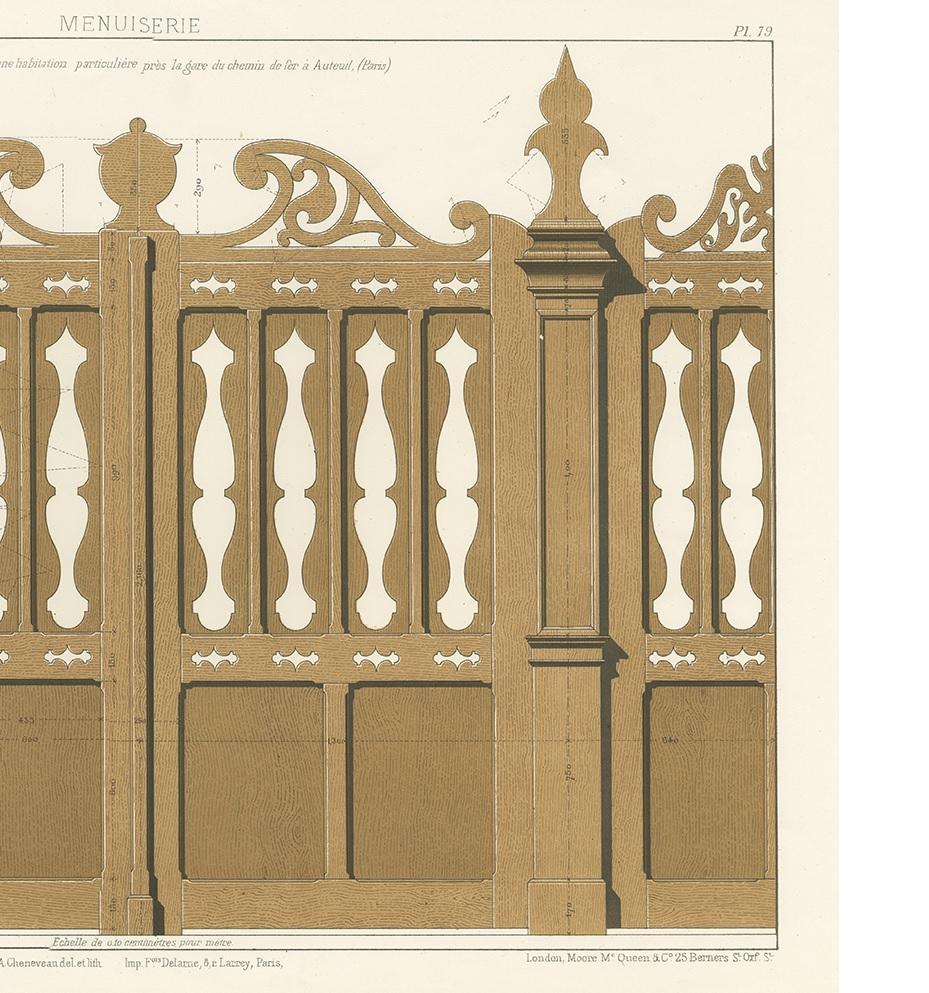 XIXe siècle Gravure d'architecture du travail du bois d'une porte d'entrée par Delarue, vers 1880 en vente