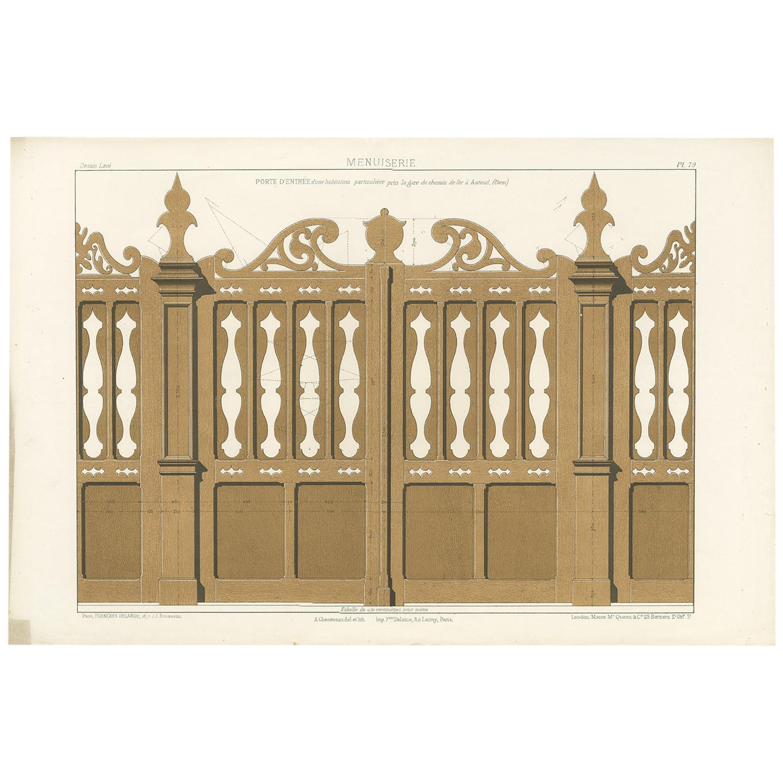 Gravure d'architecture du travail du bois d'une porte d'entrée par Delarue, vers 1880 en vente