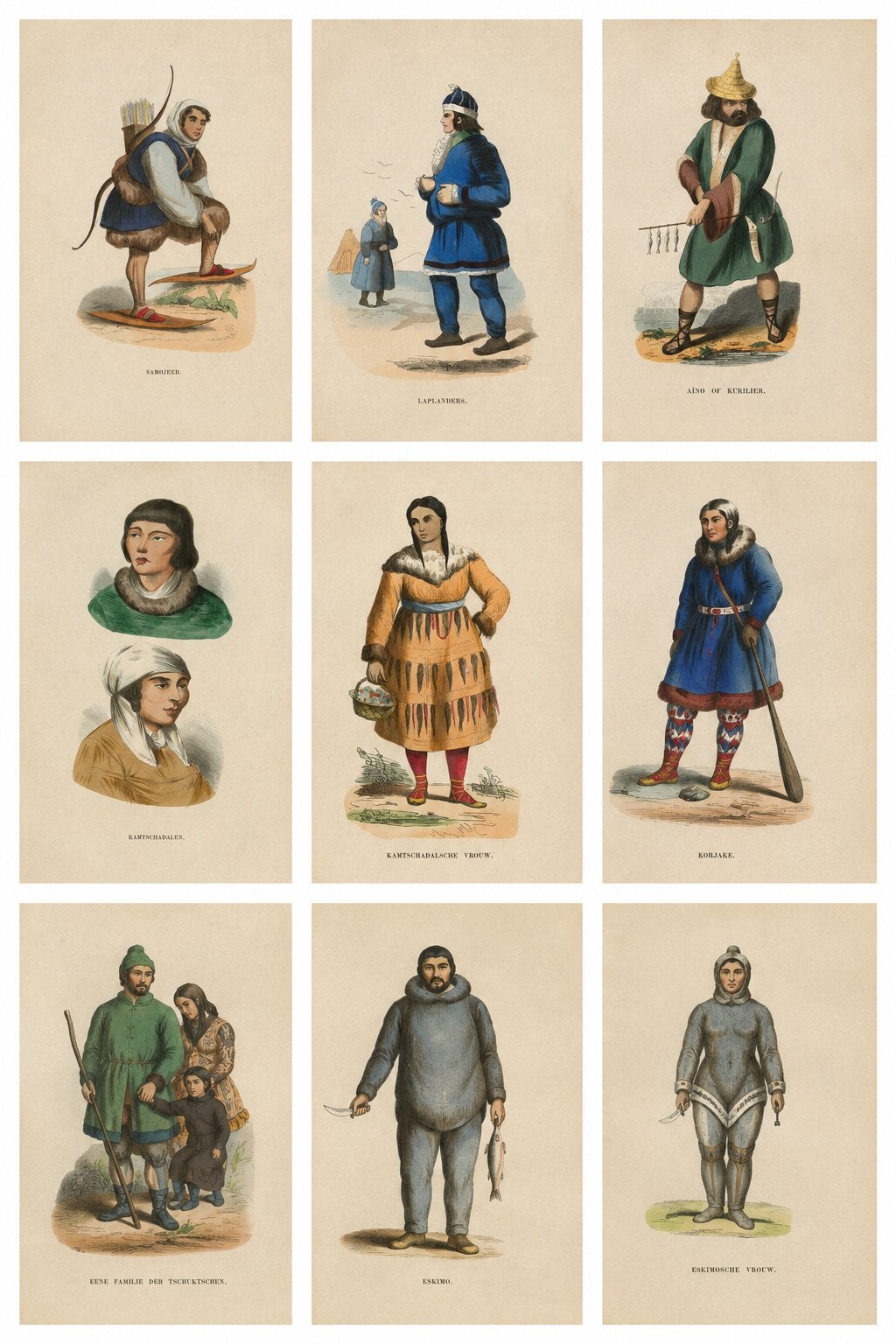 Gravures anciennes sur costumes des peuples de l'Arctique et des tribus du Nord, ensemble de 9, c.1852