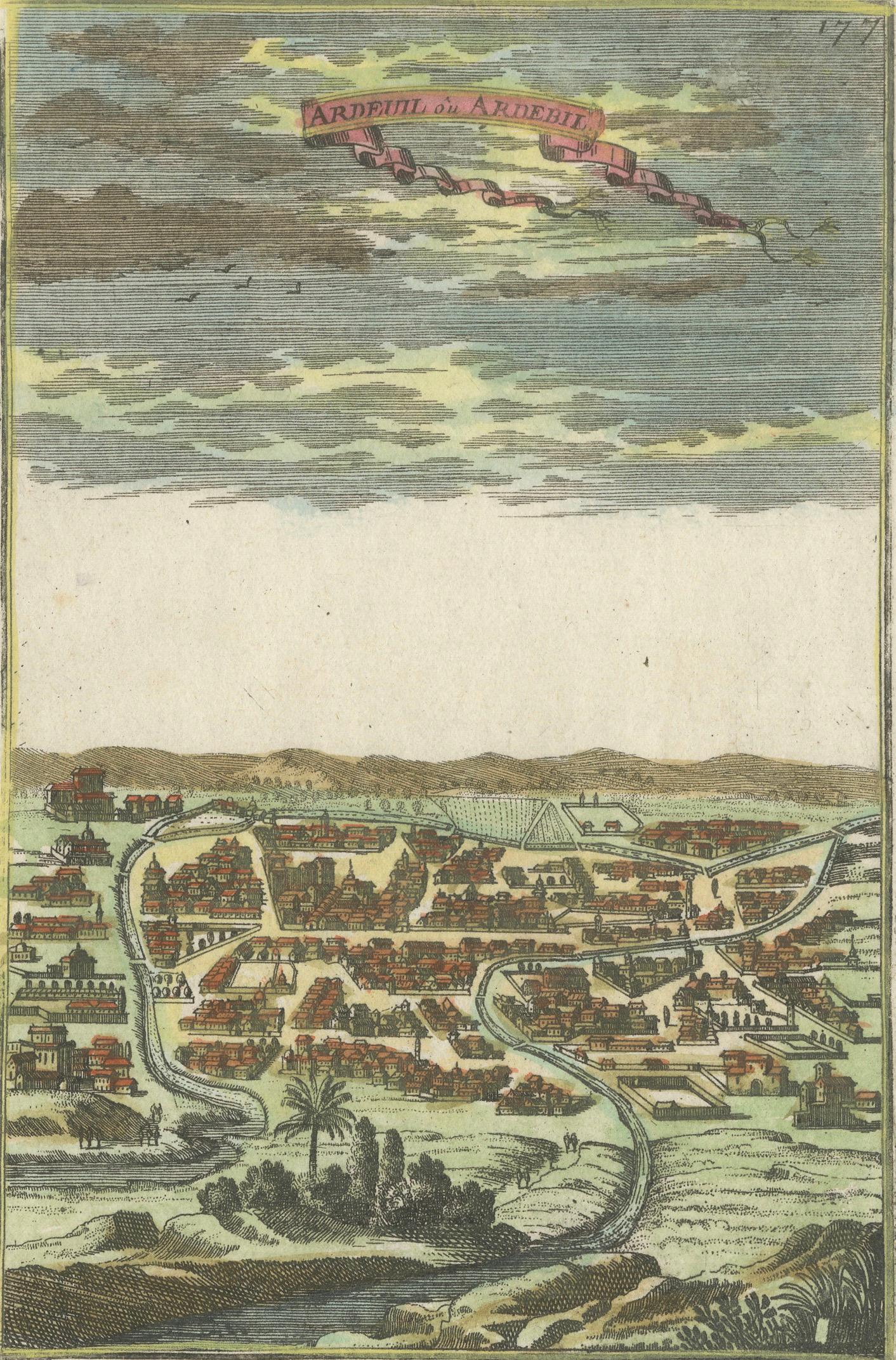 Antique Ardabil Persia City View, Small Mallet Engraving, Hand Colored, 1683