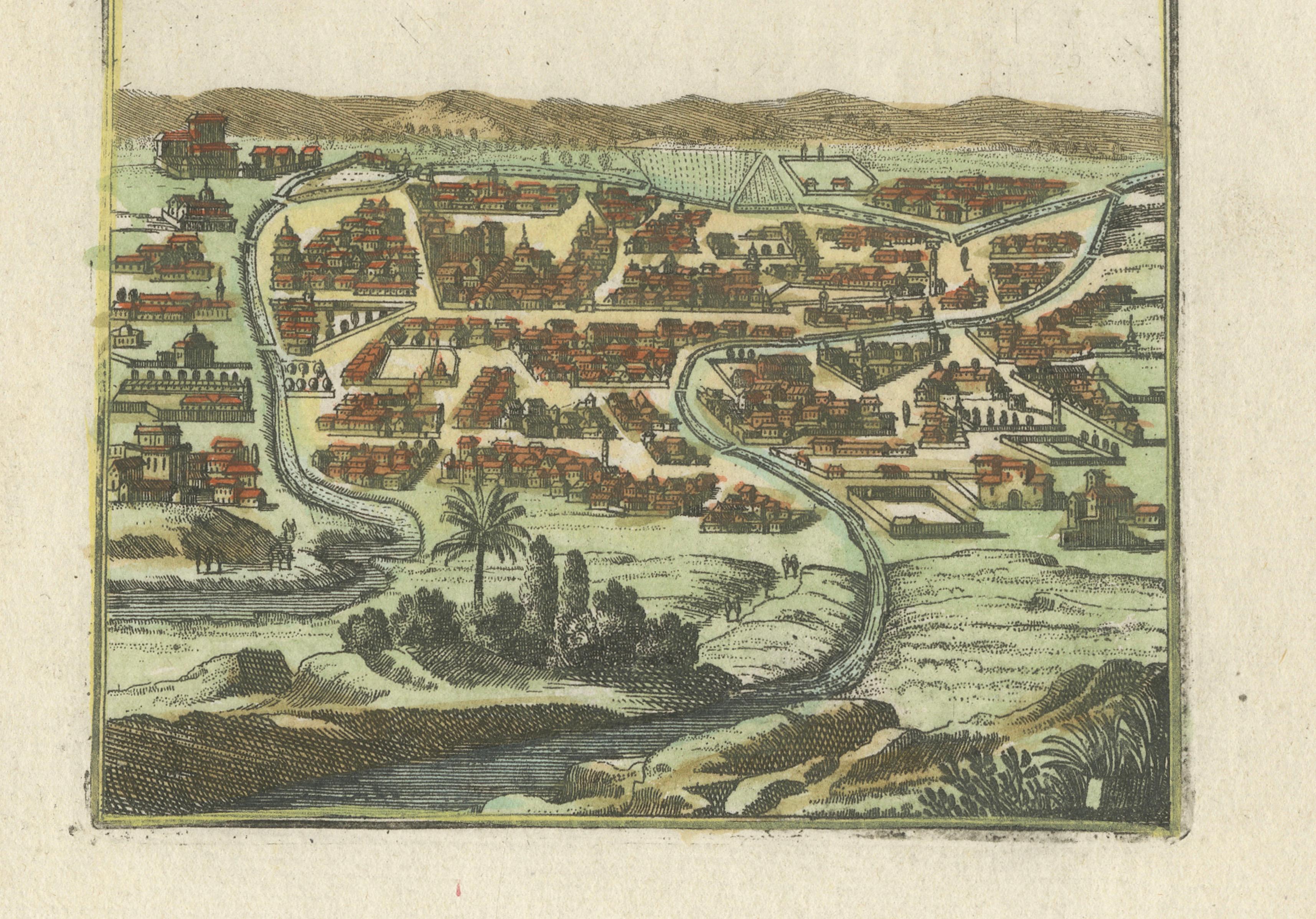 Antique Ardabil Persia City View, Small Mallet Engraving, Hand Colored, 1683