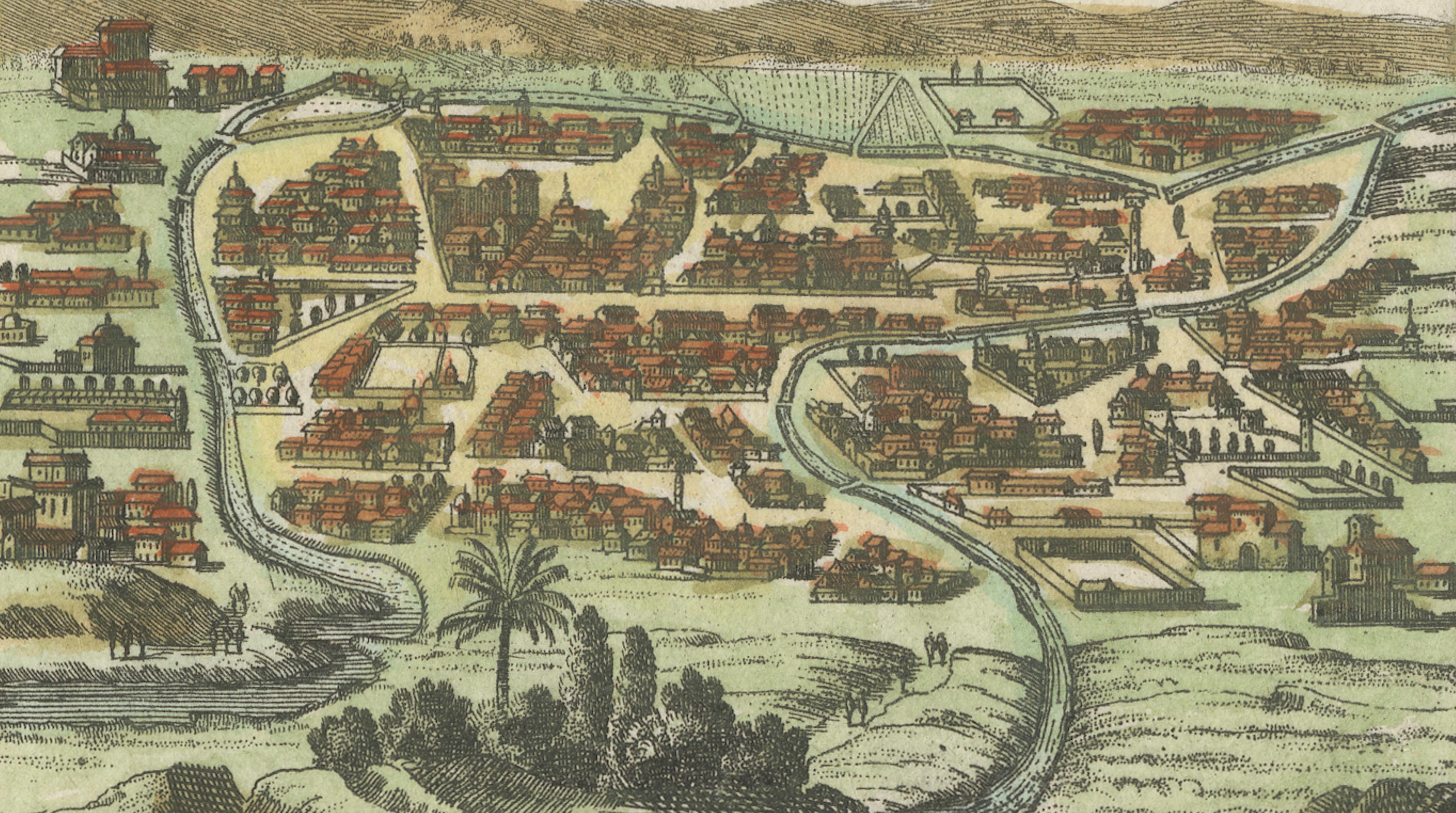 Antique Ardabil Persia City View, Small Mallet Engraving, Hand Colored, 1683