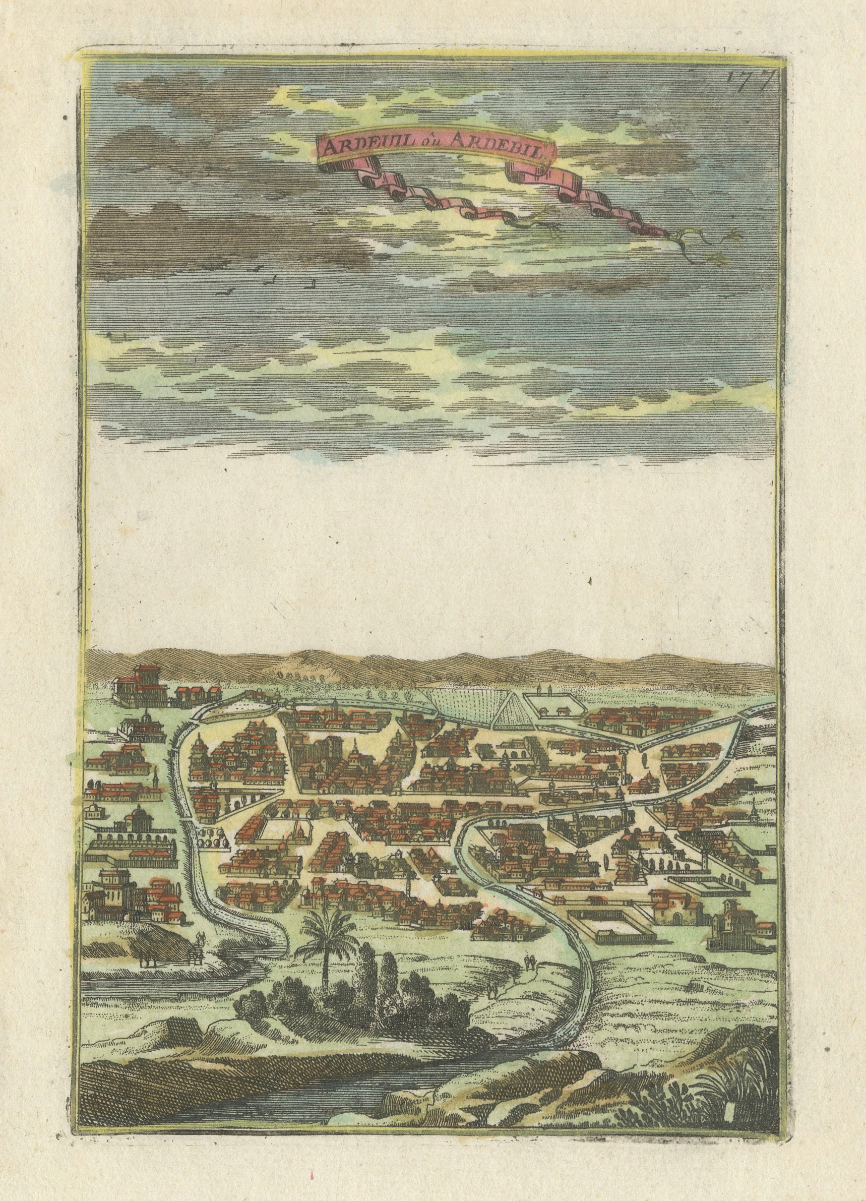 Antique Ardabil Persia City View, Small Mallet Engraving, Hand Colored, 1683