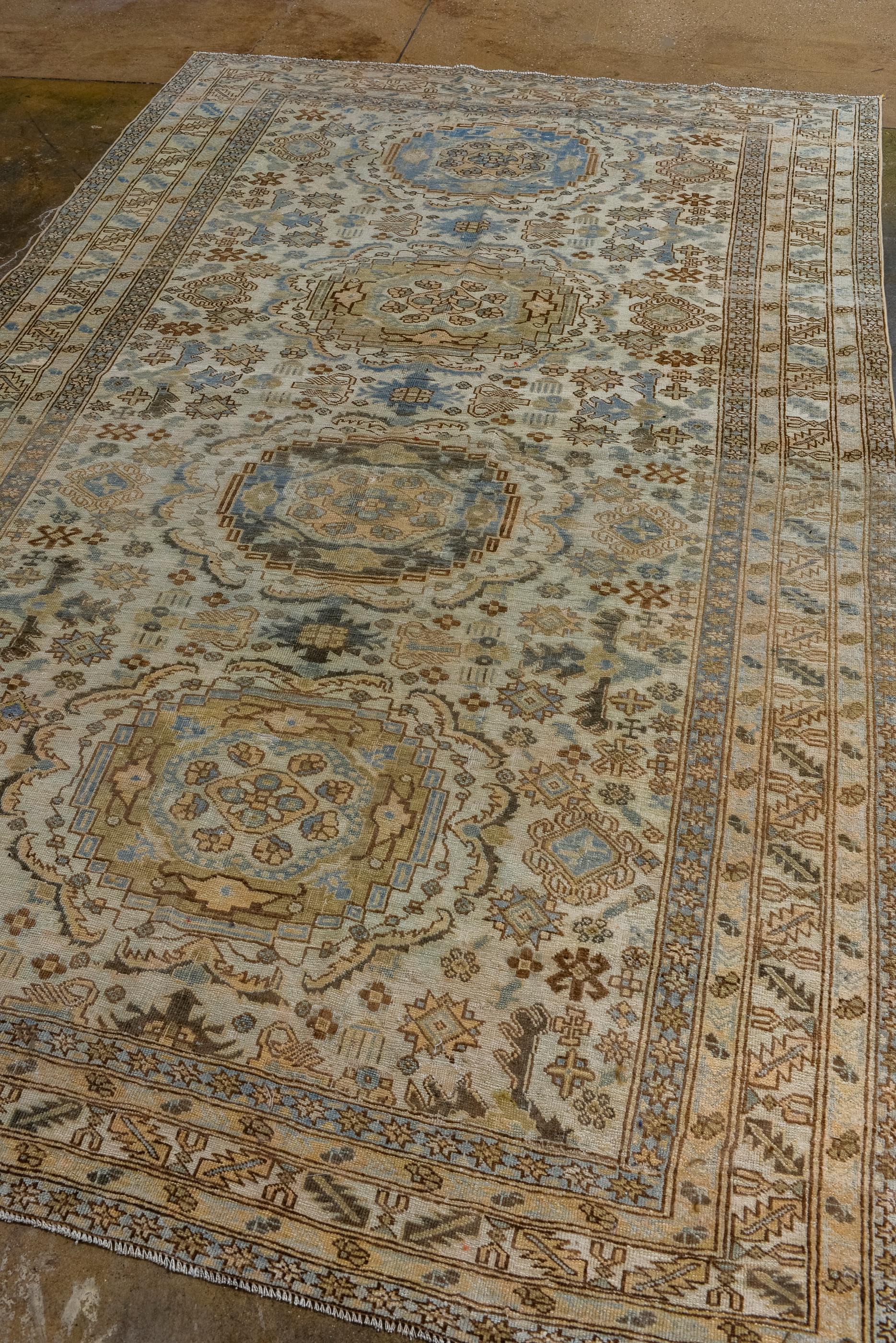 Persian Antique Ardebil Rug with Four Medallions and Cream and Blue Colors  For Sale