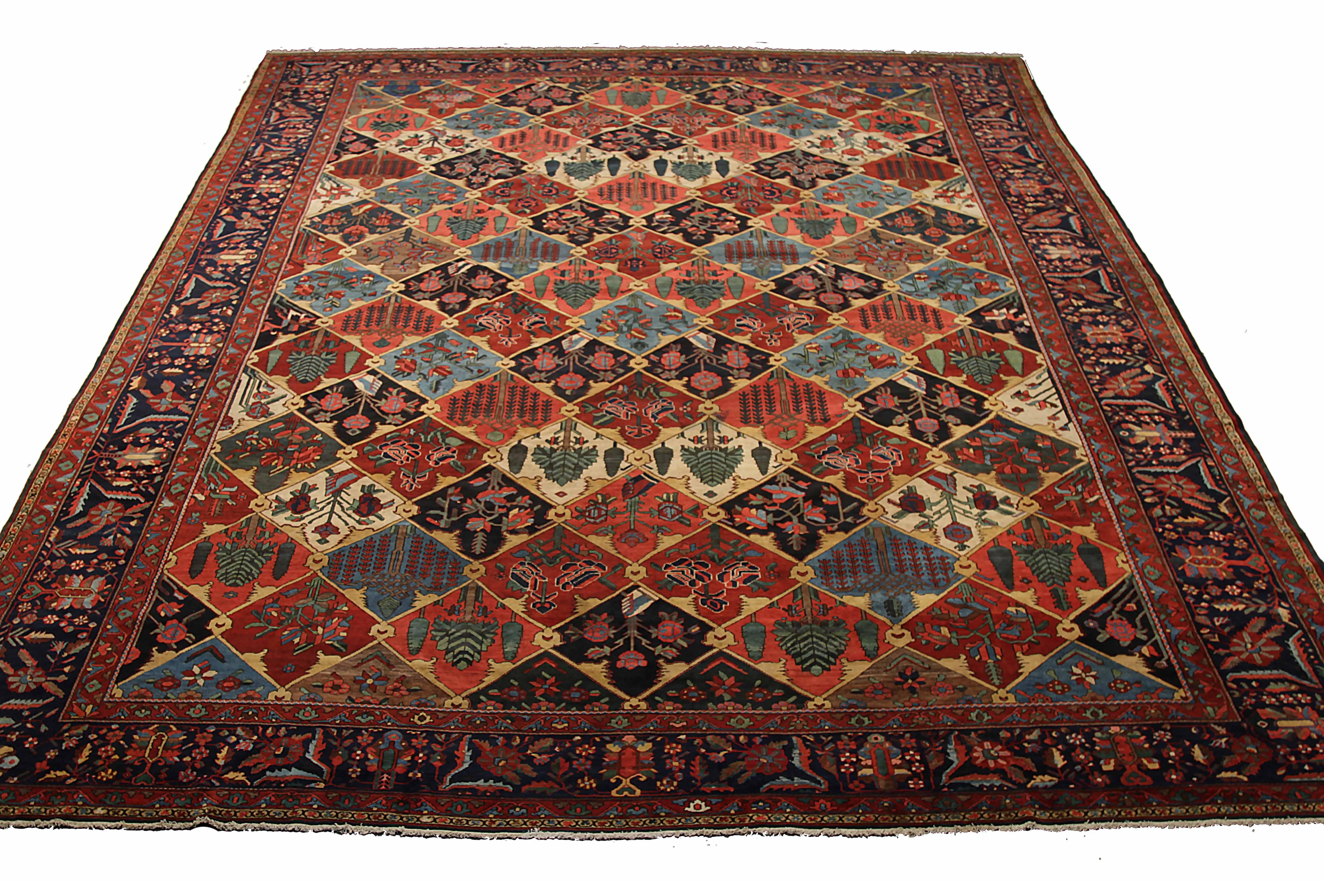 Antique area rug handwoven from the finest sheep’s wool. It’s colored with all-natural vegetable dyes that are safe for humans and pets. It’s a traditional Bakhtiar design handwoven by expert artisans. It’s a lovely area rug that can be incorporated