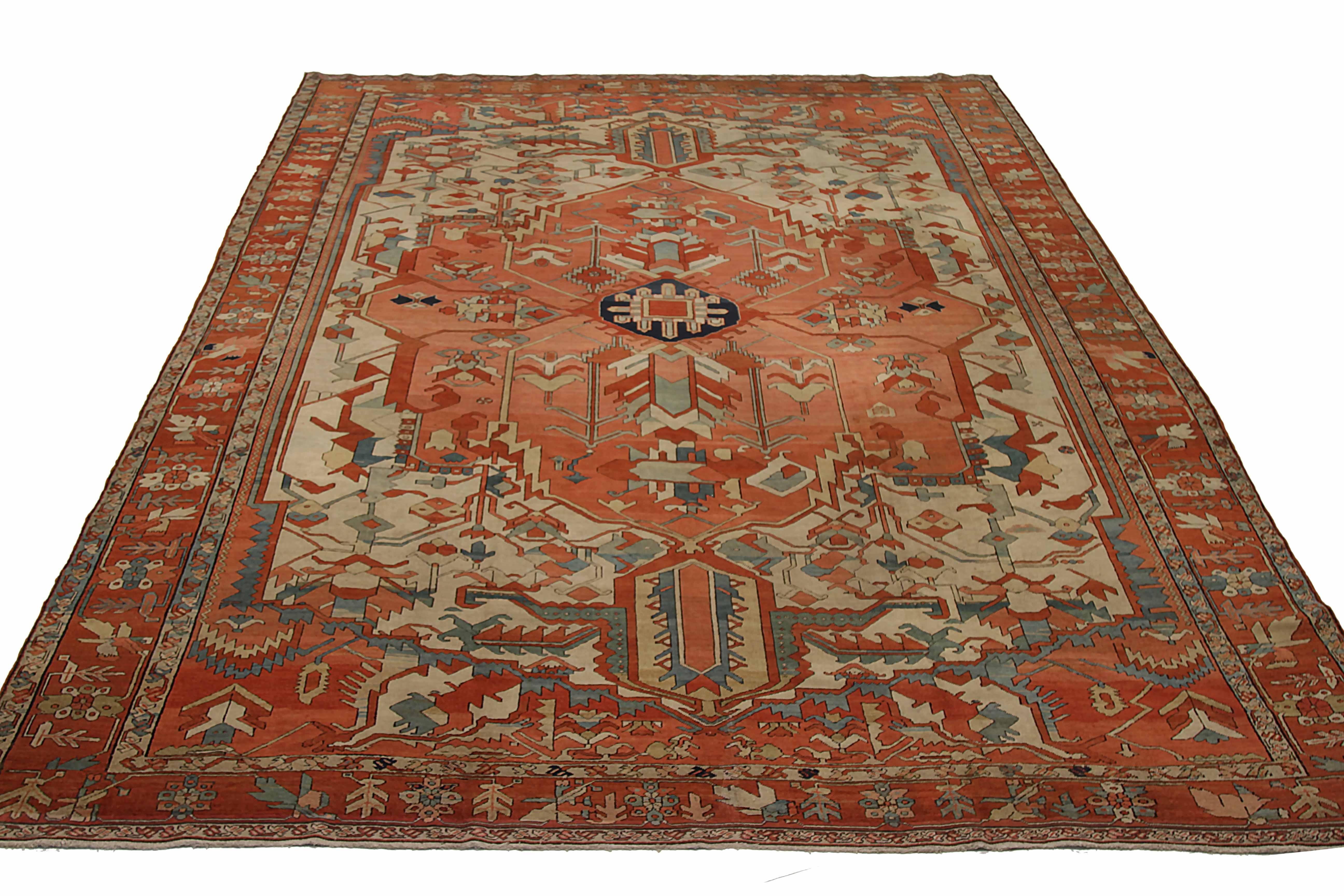 Antique area rug handwoven from the finest sheep’s wool. It’s colored with all-natural vegetable dyes that are safe for humans and pets. It’s a traditional Serapi design handwoven by expert artisans. It’s a lovely area rug that can be incorporated