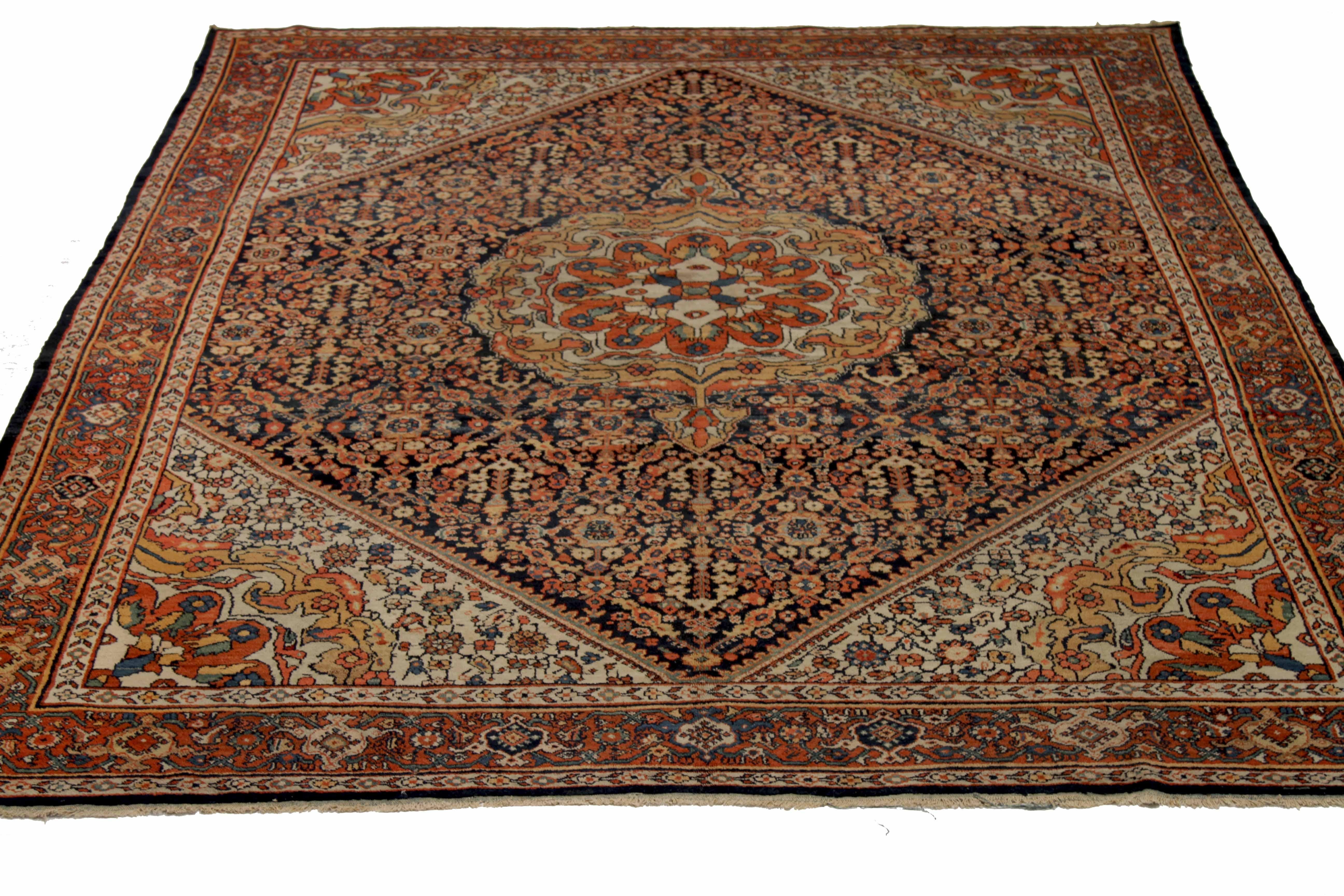 Antique area rug handwoven from the finest sheep’s wool. It’s colored with all-natural vegetable dyes that are safe for humans and pets. It’s a traditional Sultanabad design handwoven by expert artisans. It’s a lovely area rug that can be