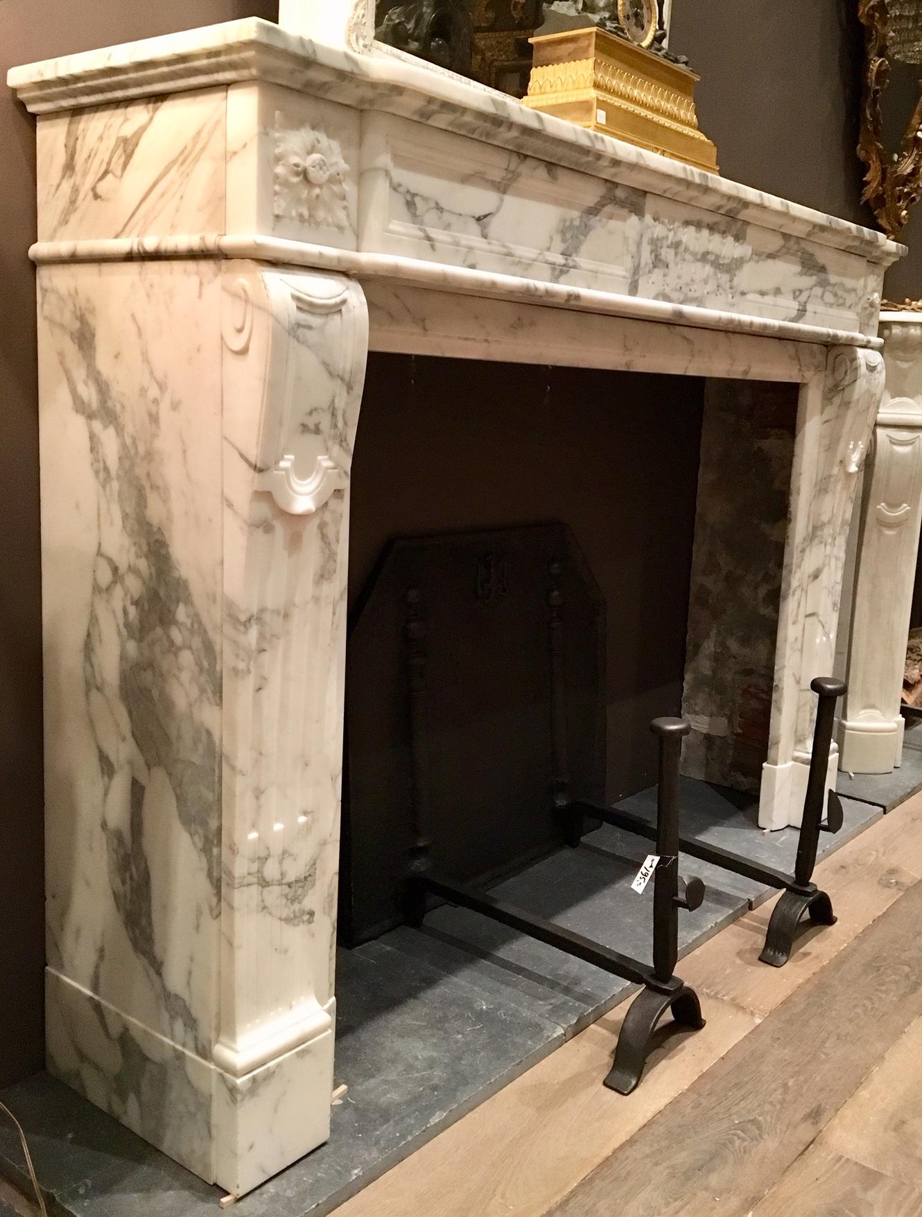 European Antique Areabescato White and Grey Marble Mantle Piece
