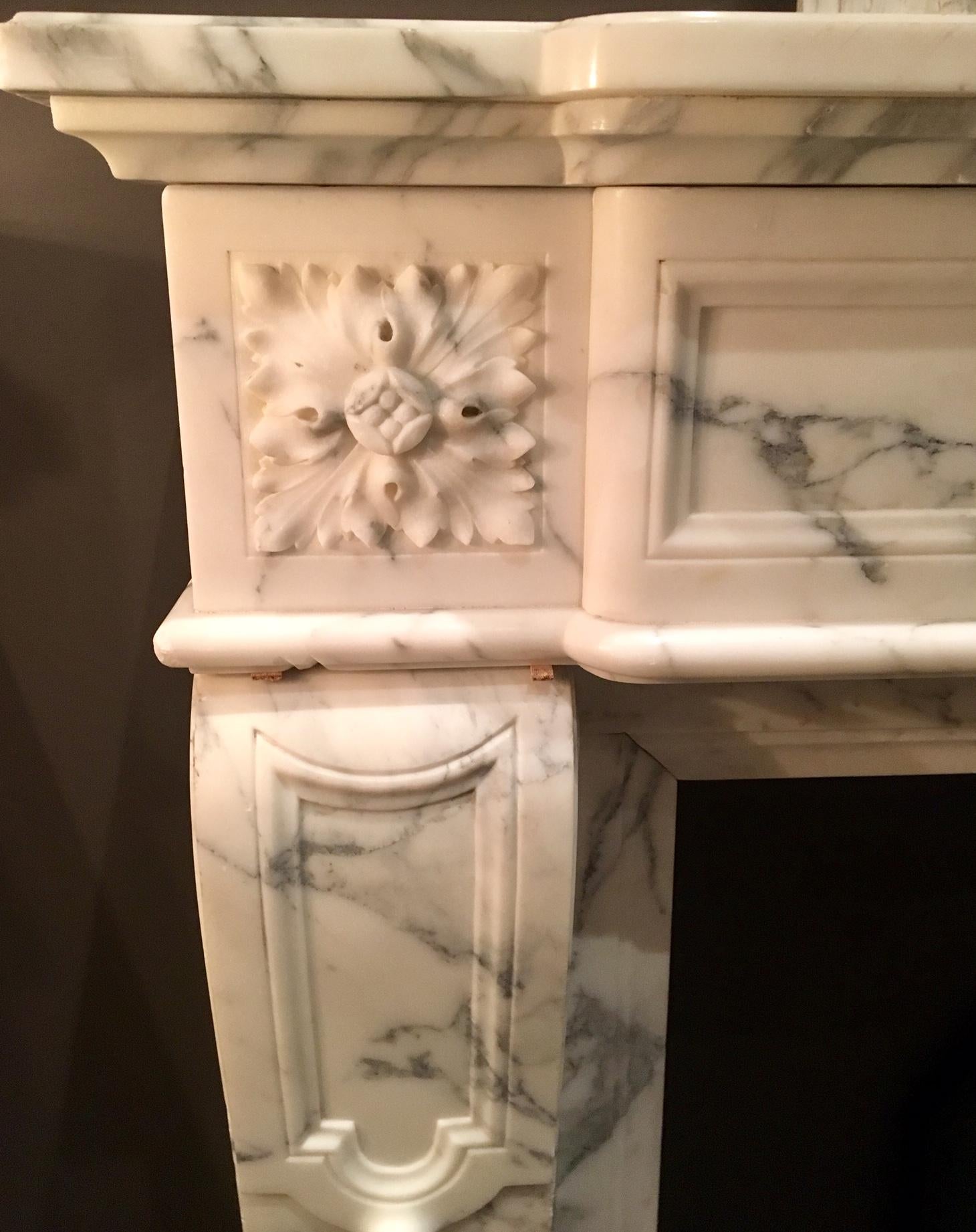 Carved Antique Areabescato White and Grey Marble Mantle Piece