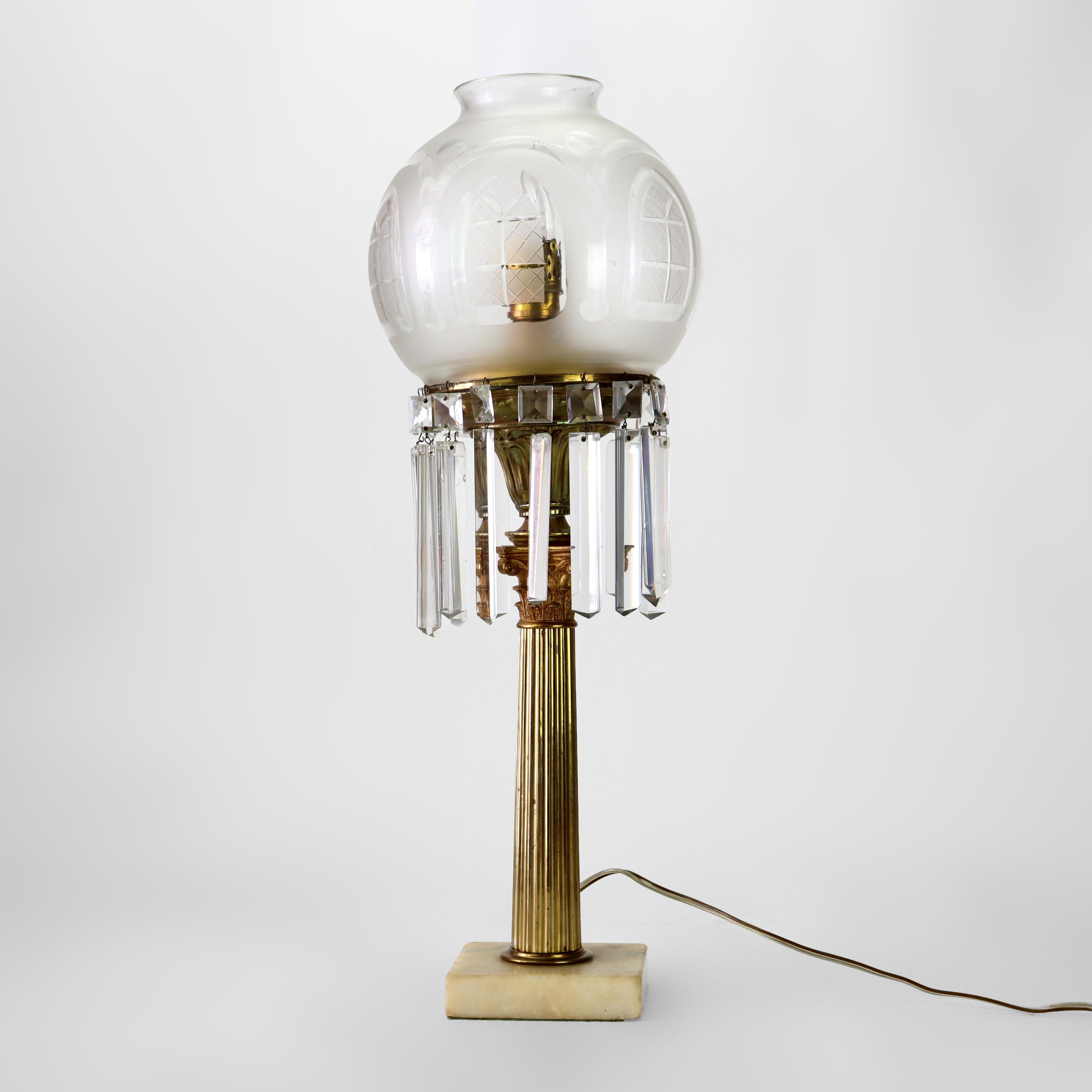Antique Argand Neoclassical Brass, Crystal & Marble Solar Lamp with Gothic Etched Glass Shade C1840
Measures - 24.5